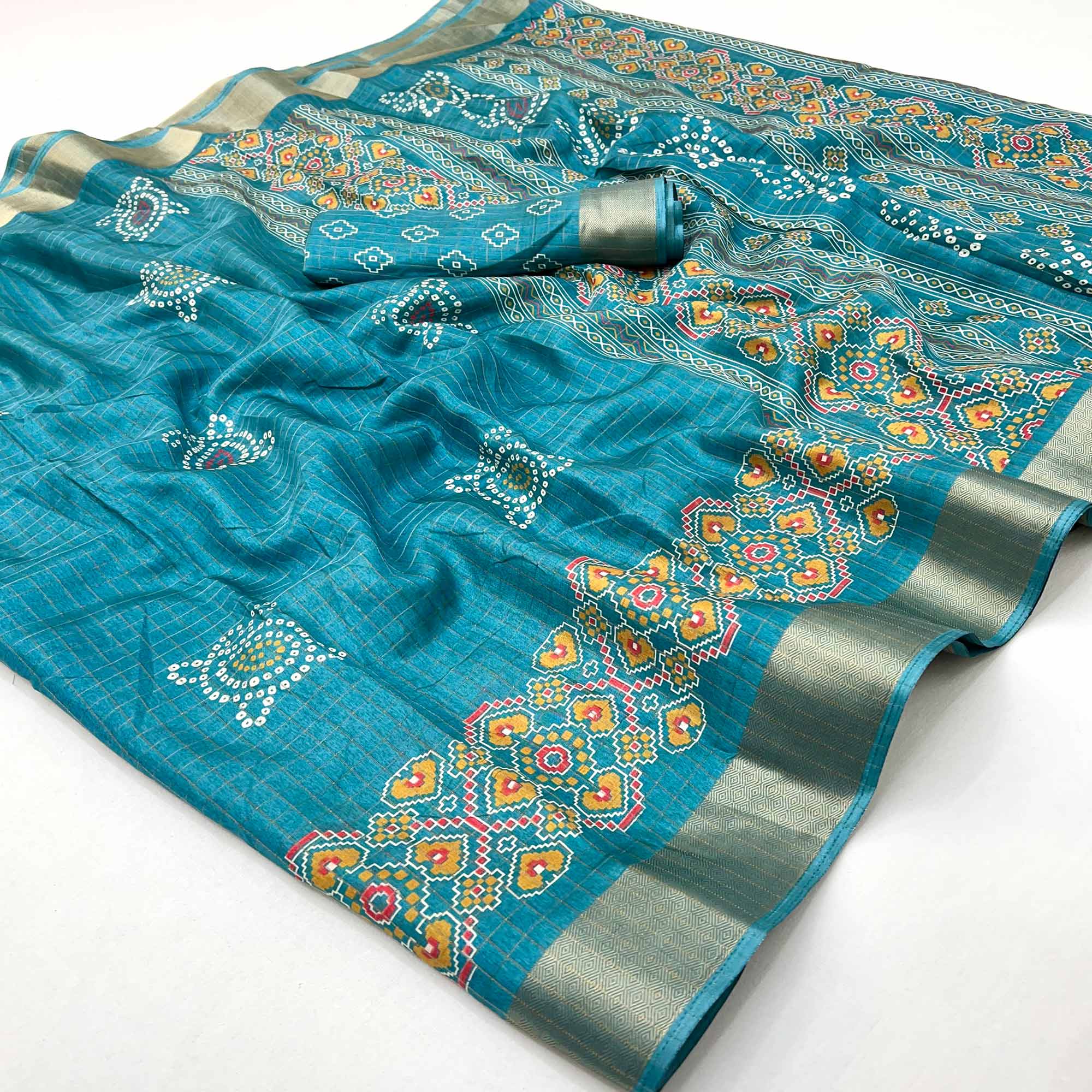 Teal Patola Patterned Featuring Weaving Work Dola Silken Drape