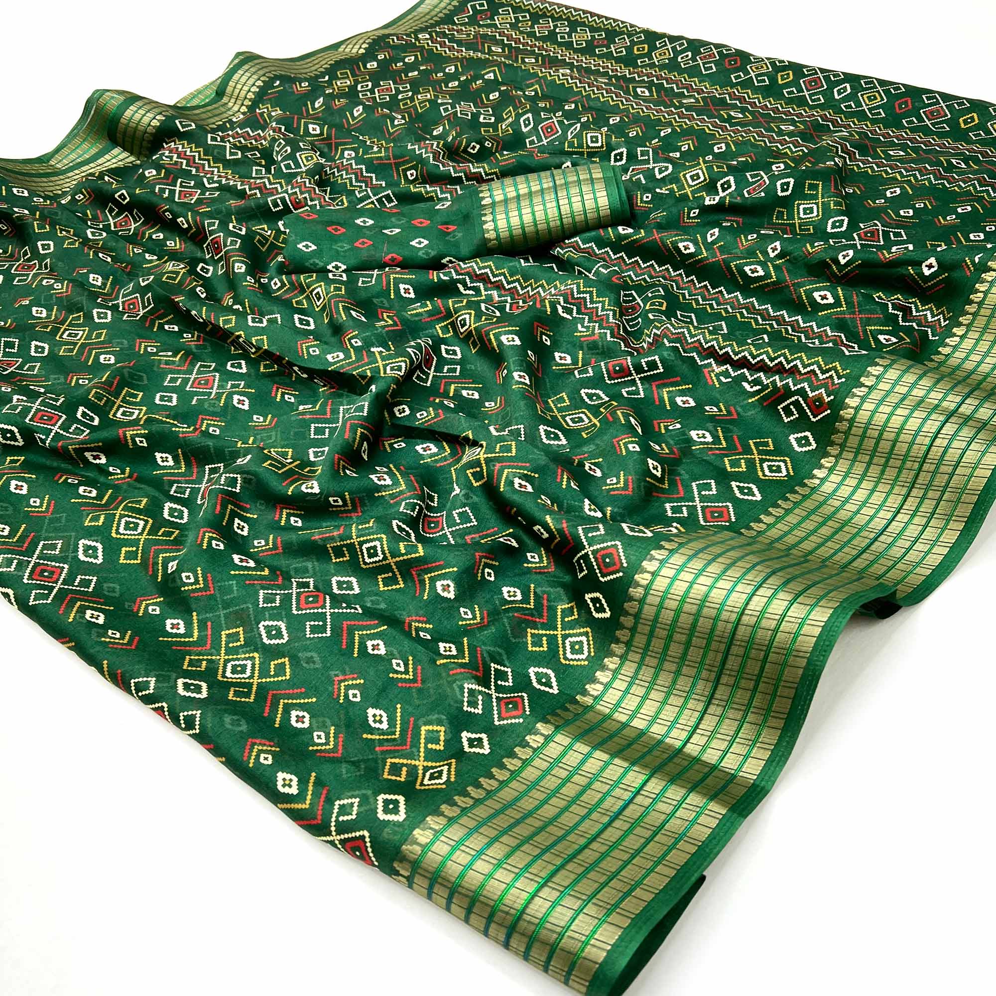 Green Geometric Patterned Georgette Drape Featuring Zari Border