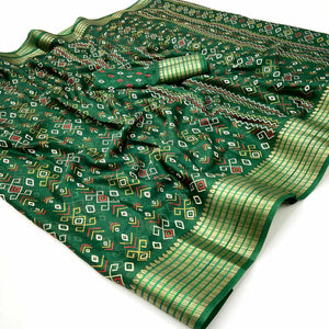 Green Geometric Patterned Georgette Drape Featuring Zari Border