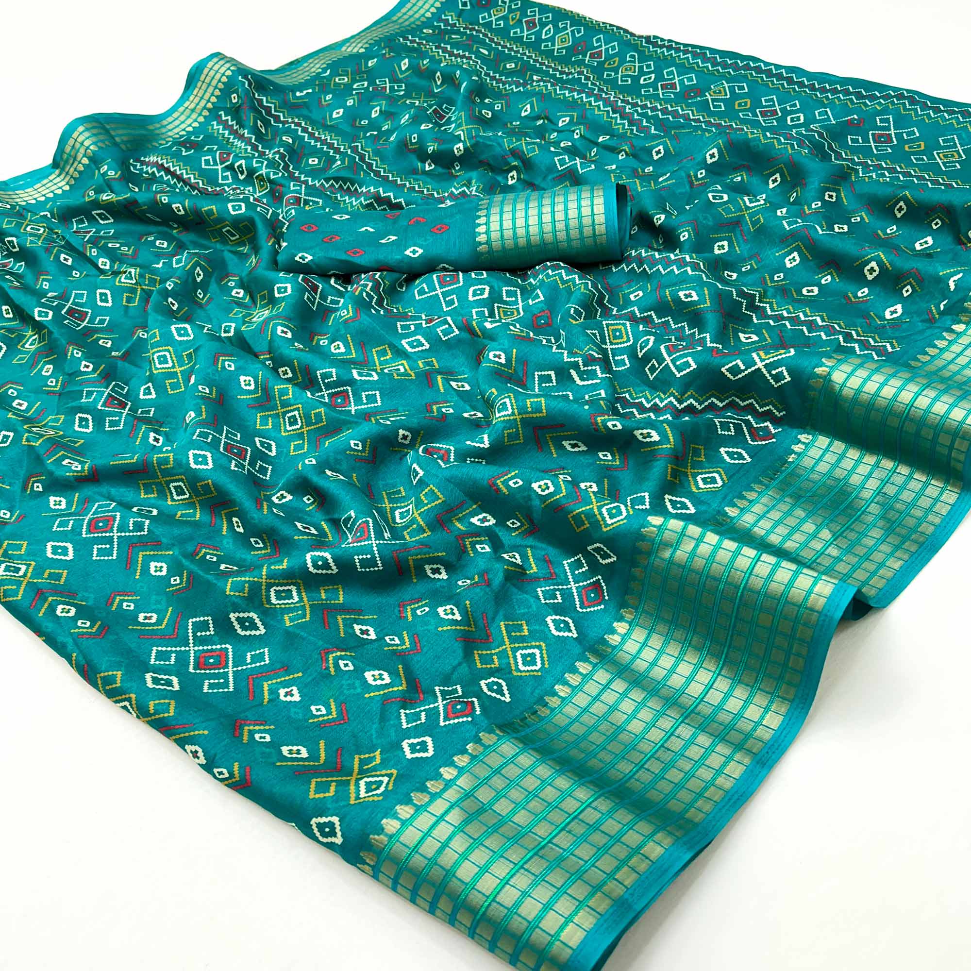 Teal Geometric Patterned Georgette Drape Featuring Zari Border