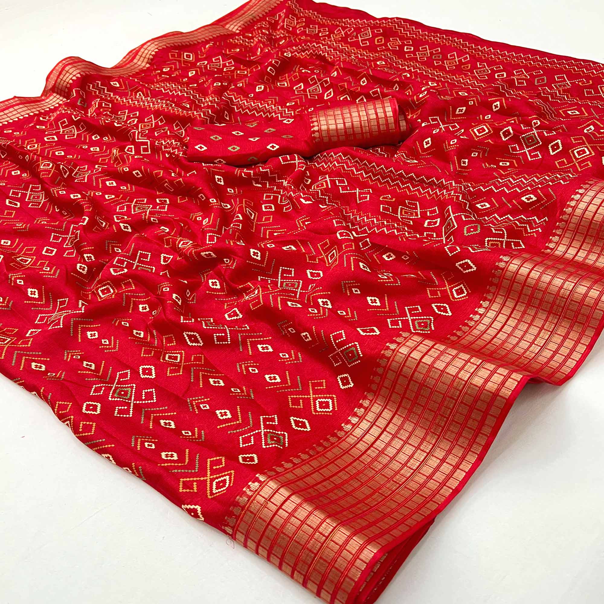 Red Geometric Patterned Georgette Drape Featuring Zari Border