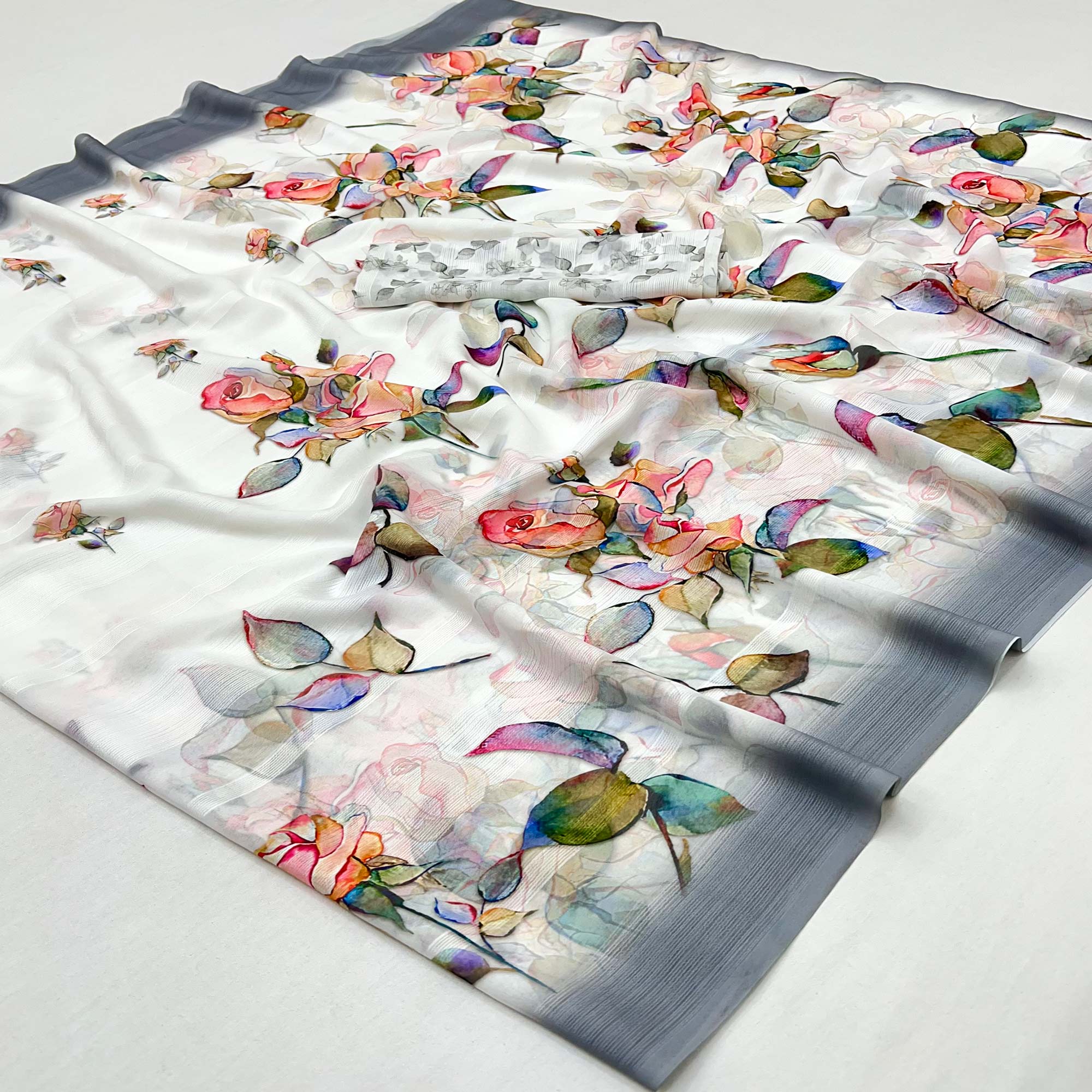 White Digital Floral Adorned with Artistic Prints Georgette Elegant Drape