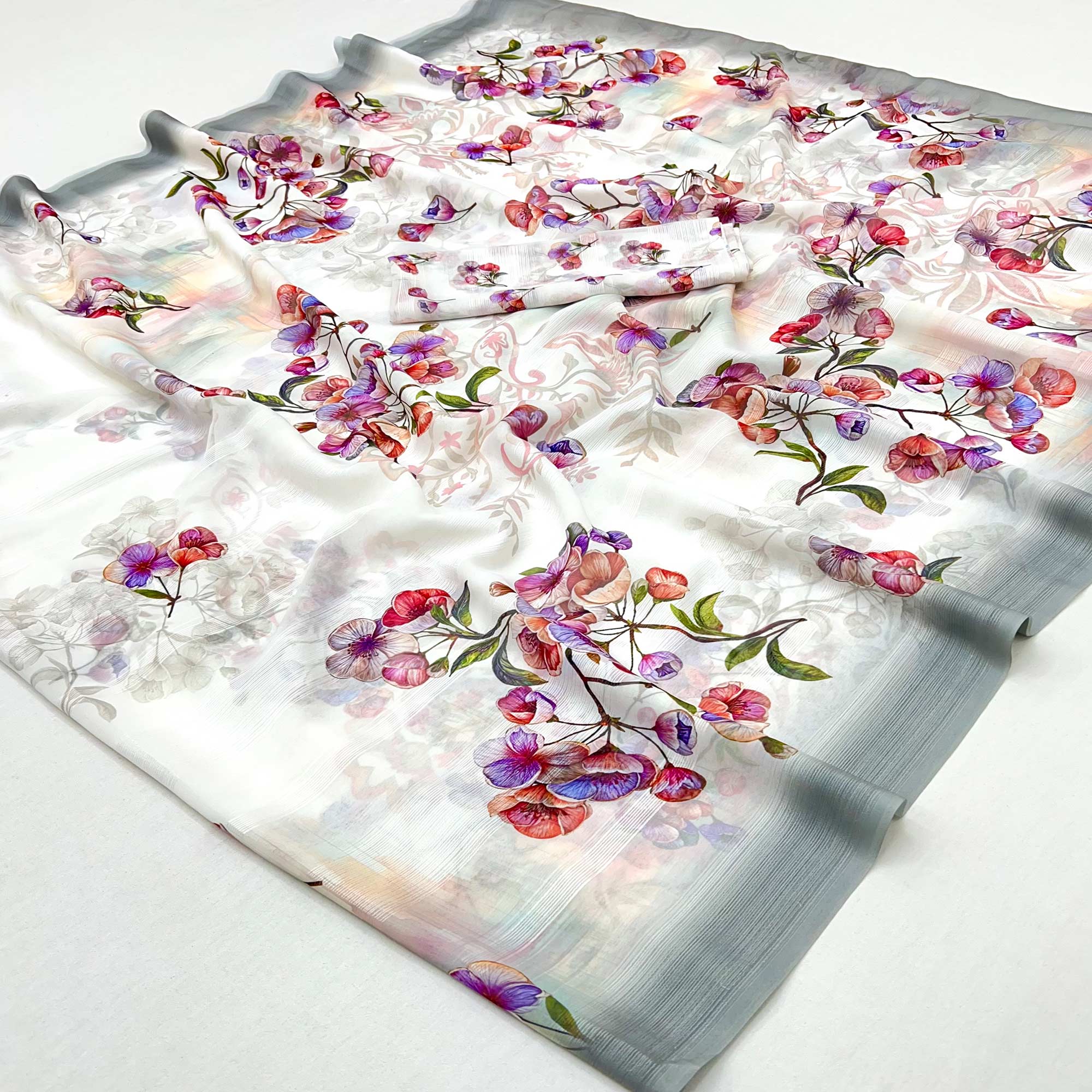 White Digital Floral Adorned with Artistic Prints Georgette Elegant Drape