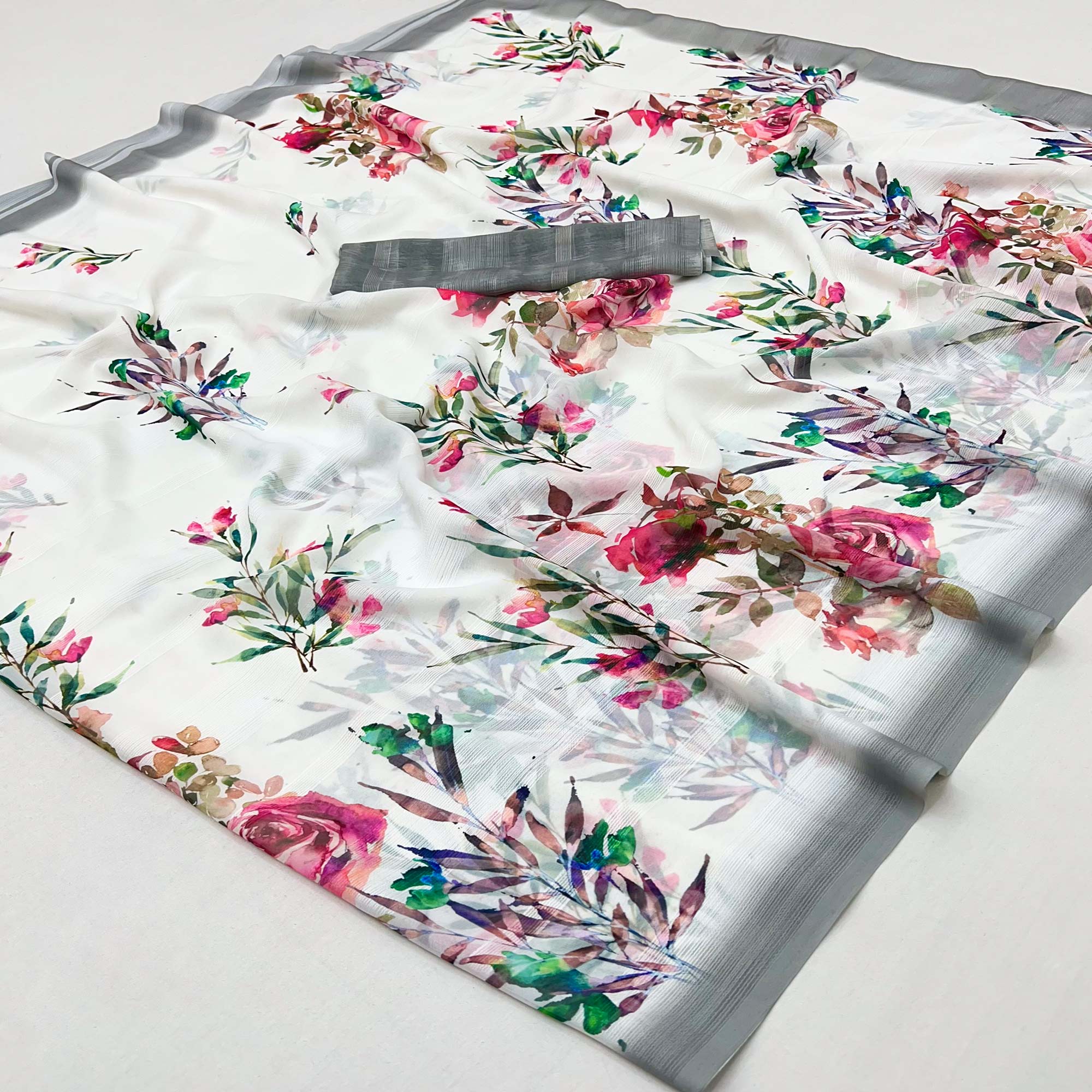 White Digital Floral Adorned with Artistic Prints Georgette Elegant Drape