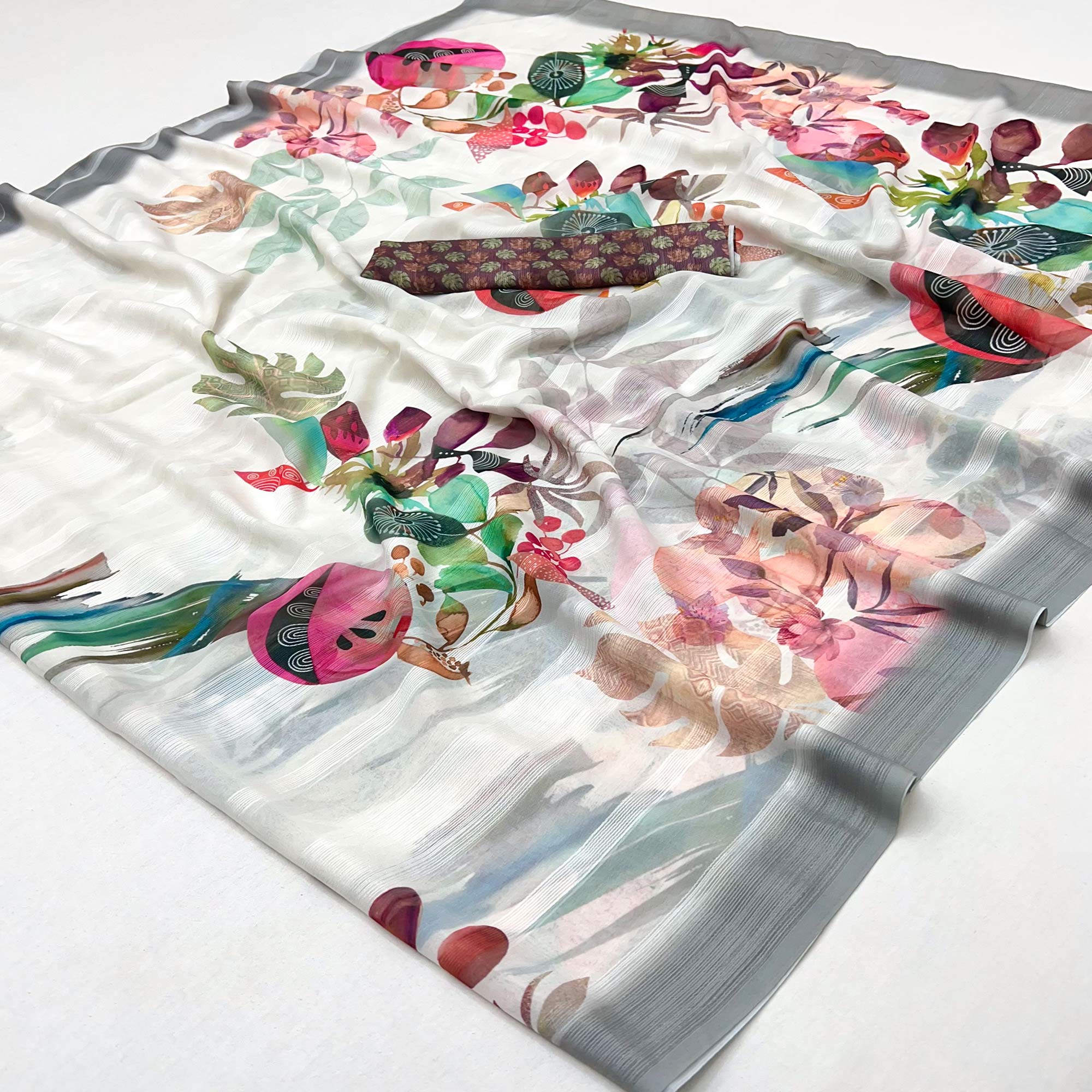 White Digital Floral Adorned with Artistic Prints Georgette Elegant Drape