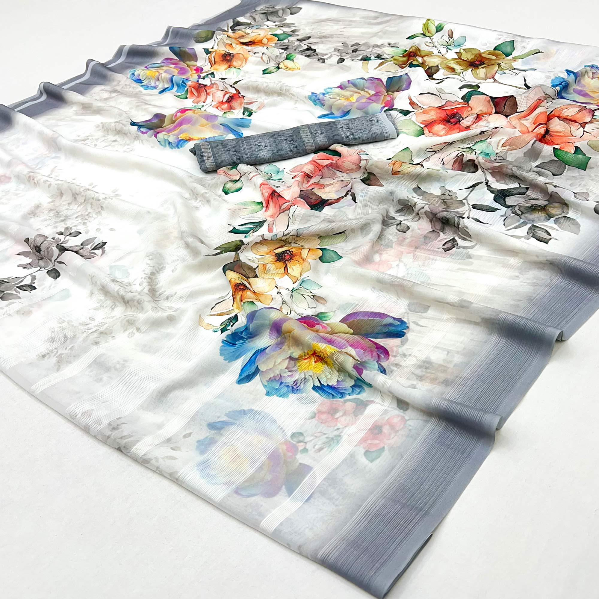 White Digital Floral Adorned with Artistic Prints Georgette Elegant Drape