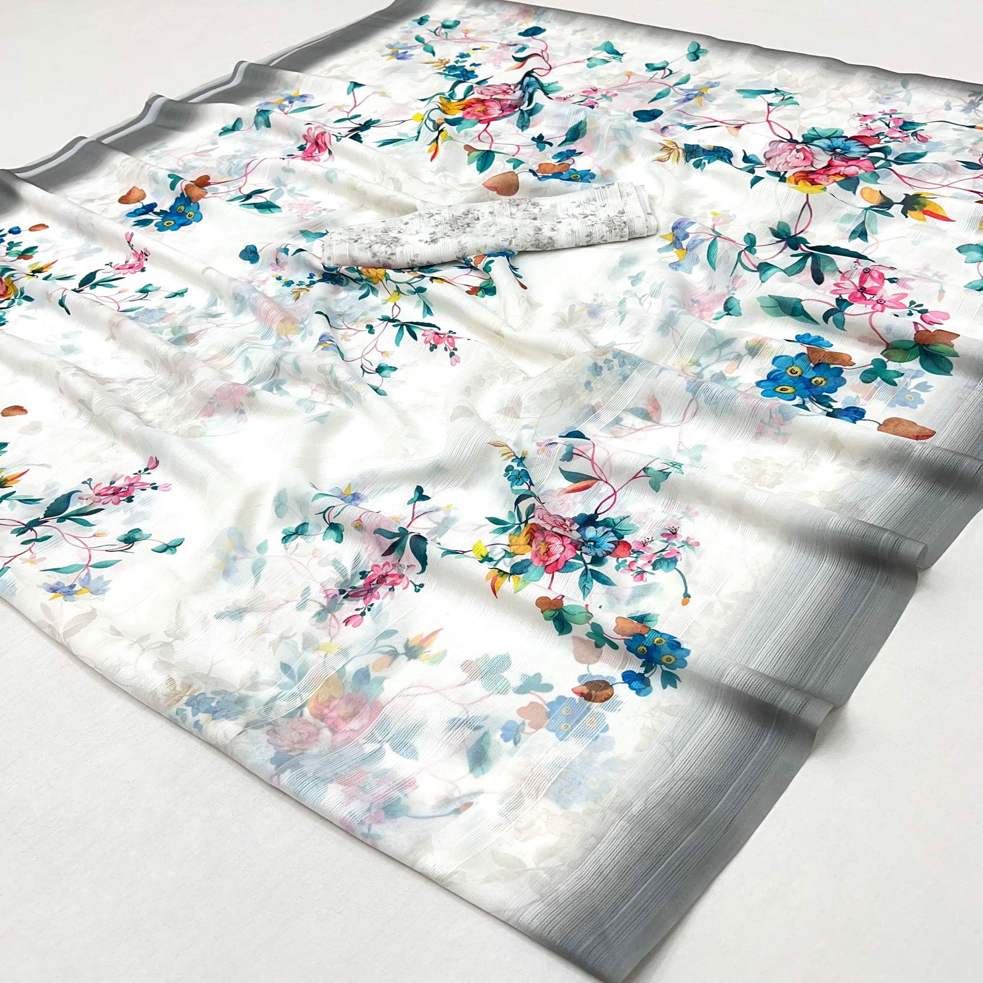 White Digital Floral Adorned with Artistic Prints Georgette Elegant Drape