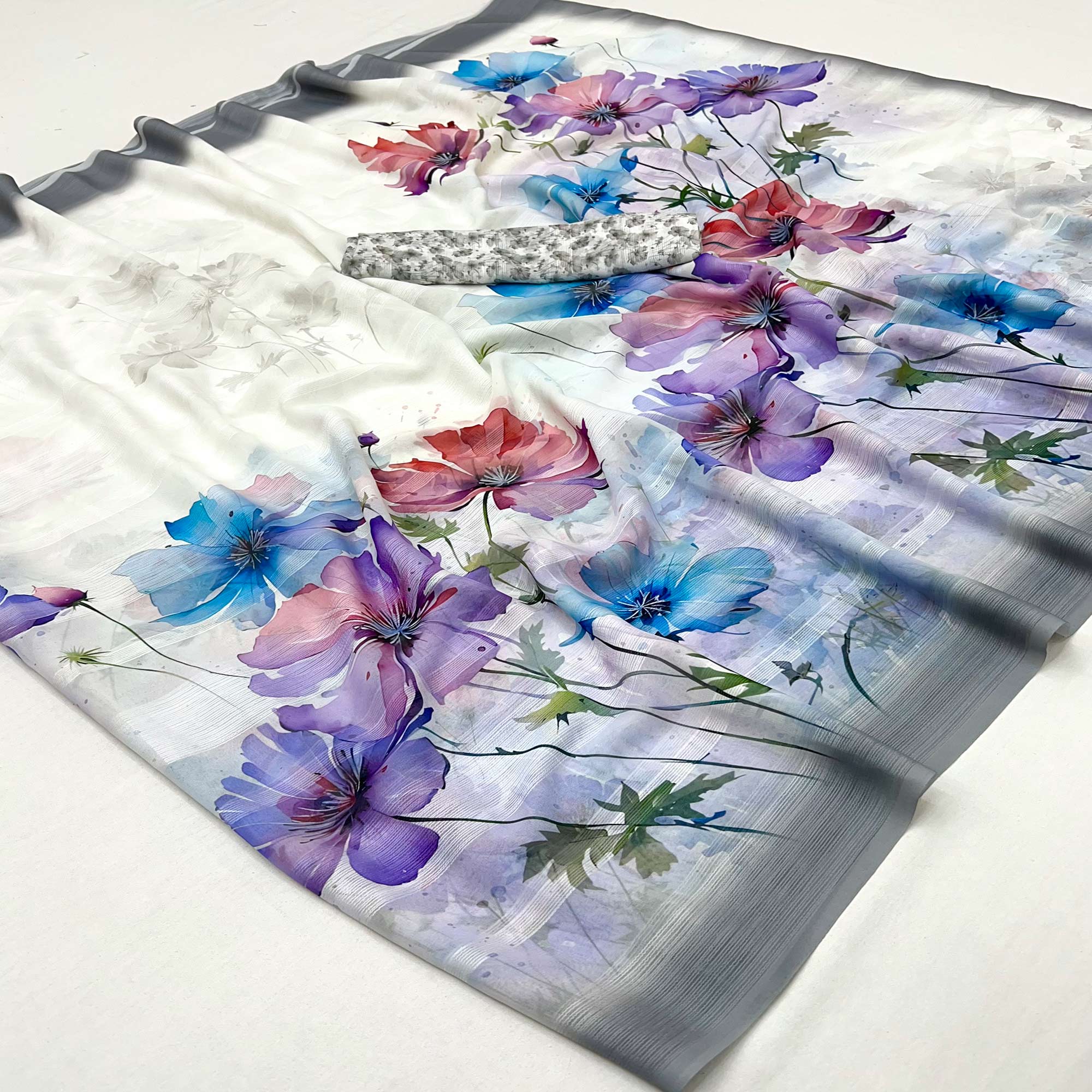 White Digital Floral Adorned with Artistic Prints Georgette Elegant Drape
