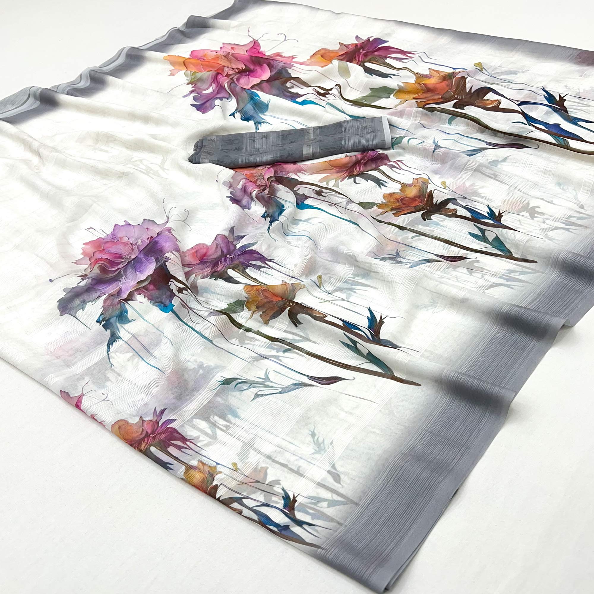 White Digital Floral Adorned with Artistic Prints Georgette Elegant Drape