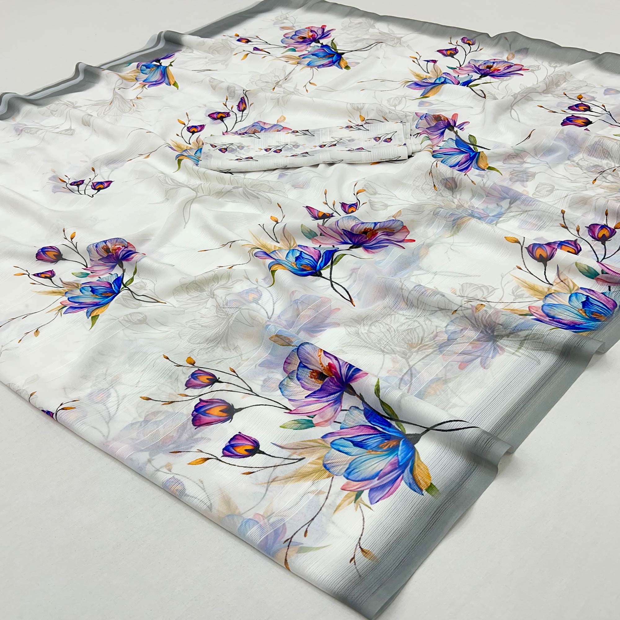 White Digital Floral Adorned with Artistic Prints Georgette Elegant Drape