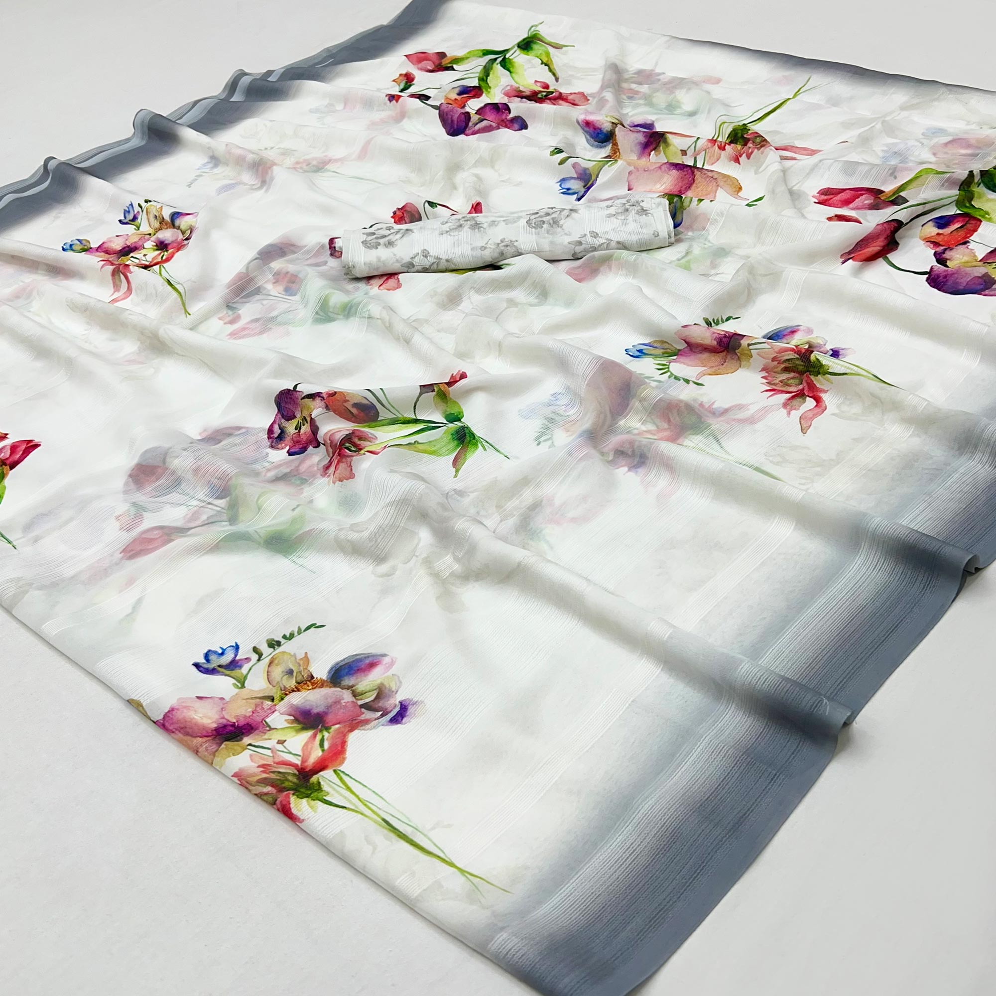 White Digital Floral Adorned with Artistic Prints Georgette Elegant Drape