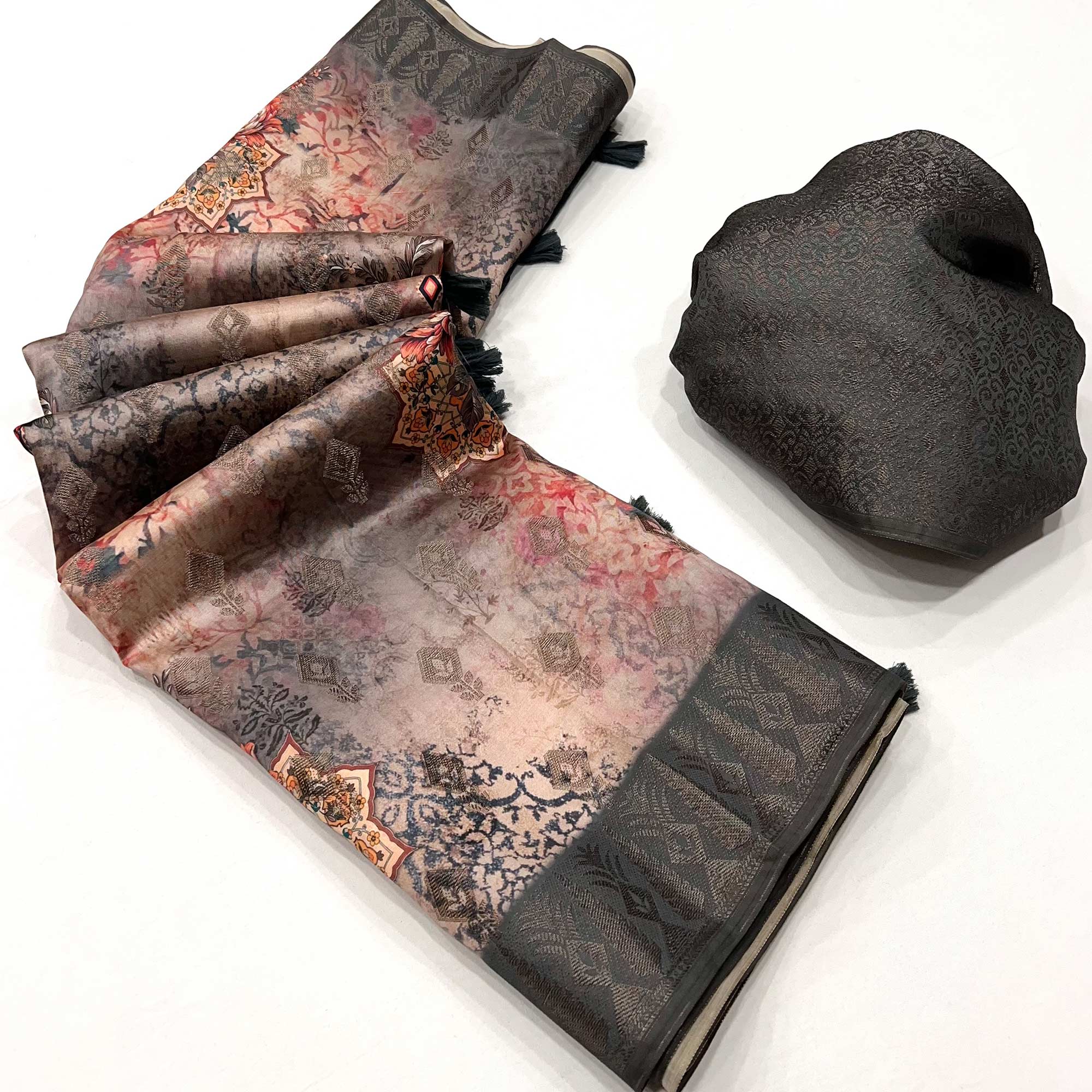 Beige Digital Floral Patterned Cotton Silken Drape