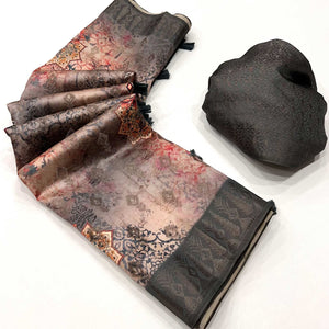 Beige Digital Floral Patterned Cotton Silken Drape