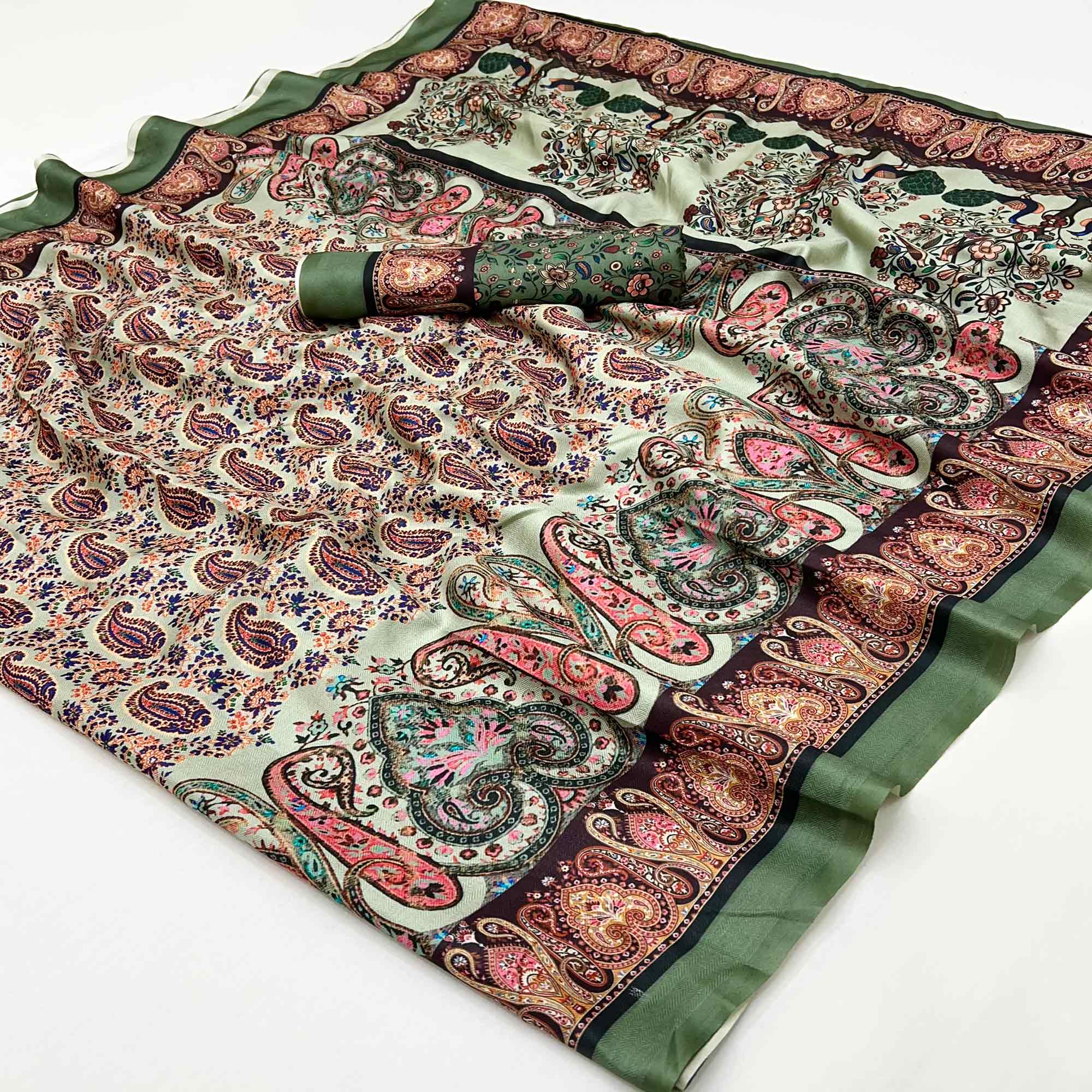 Pista Green Digital Floral Adorned with Artistic Prints Pashmina Elegant Drape