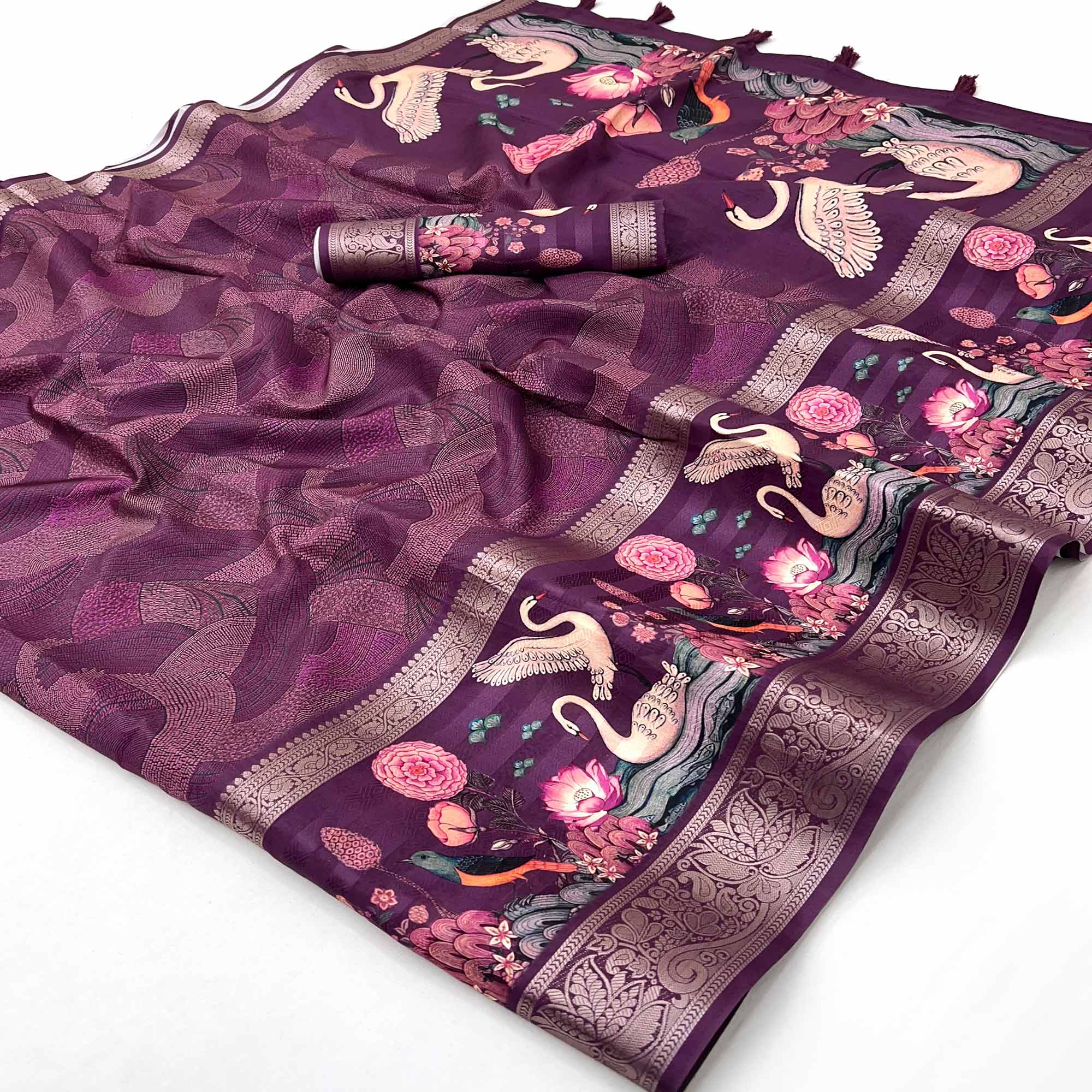 Wine Digital Patterned Smooth Cotton Silken Drape Featuring Zari Border