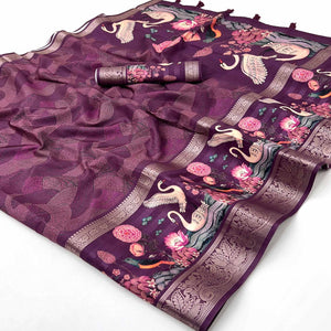 Wine Digital Patterned Smooth Cotton Silken Drape Featuring Zari Border