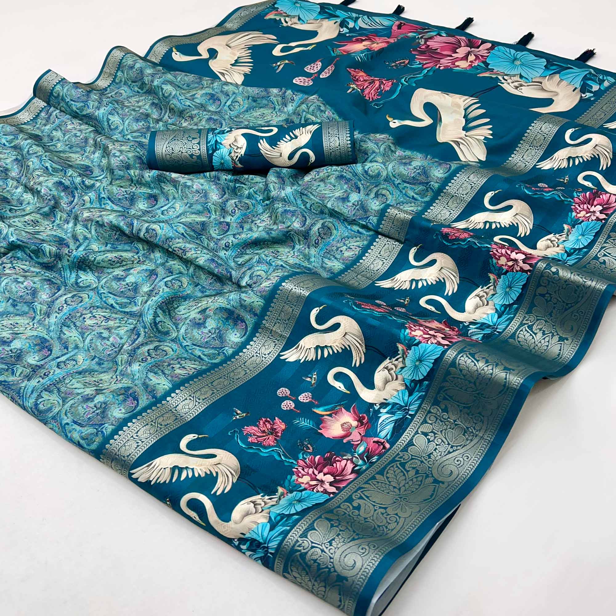 Teal Digital Patterned Smooth Cotton Silken Drape Featuring Zari Border