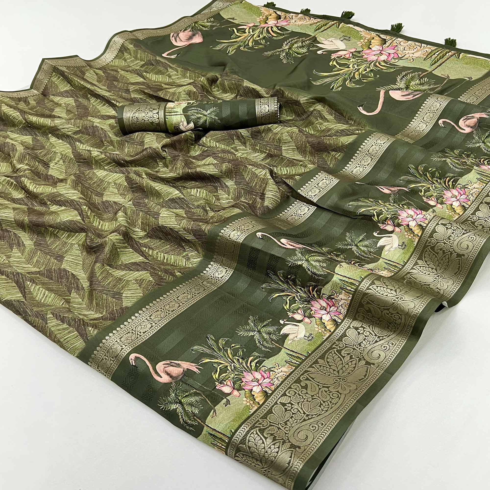 Green Digital Patterned Smooth Cotton Silken Drape Featuring Zari Border