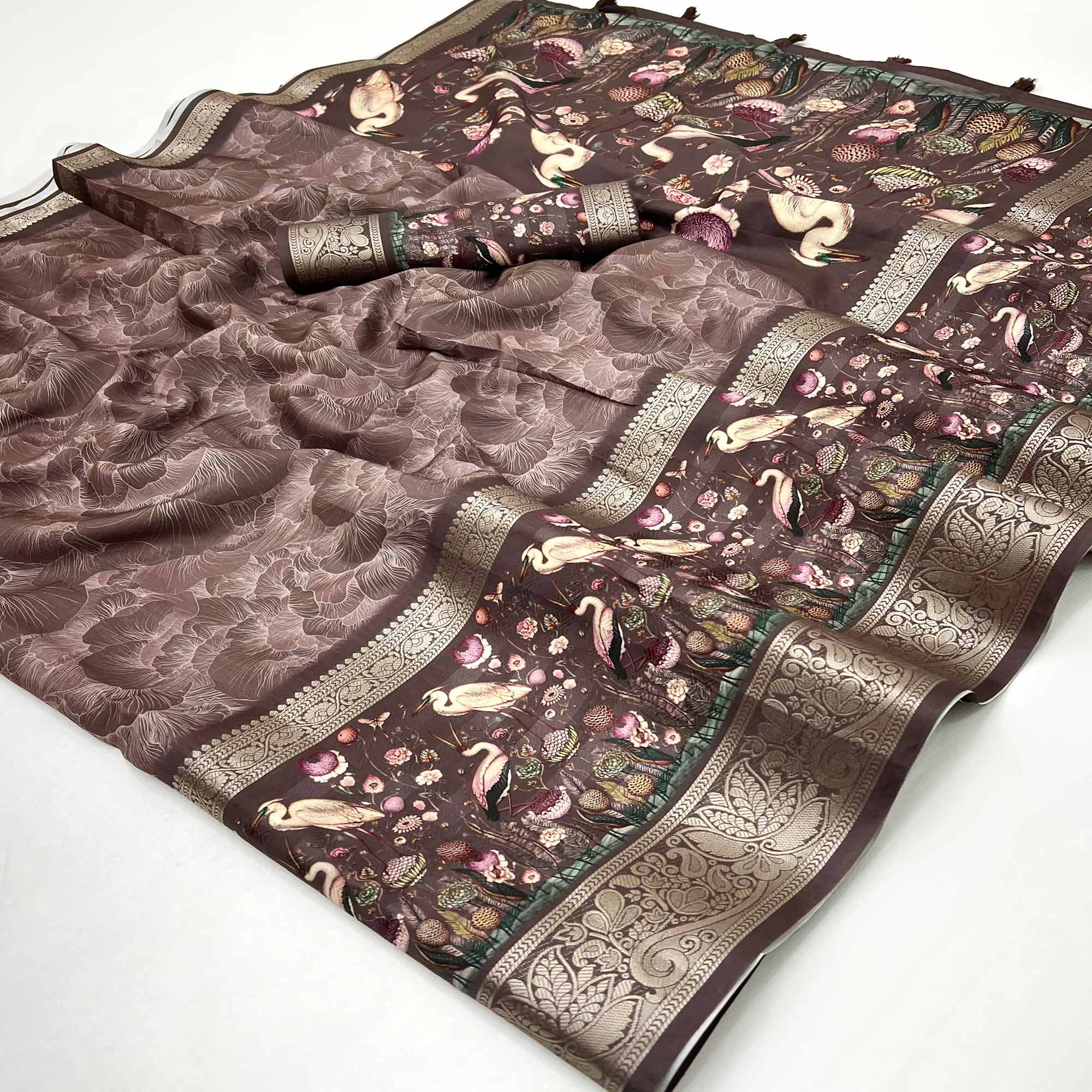 Brown Digital Patterned Smooth Cotton Silken Drape Featuring Zari Border