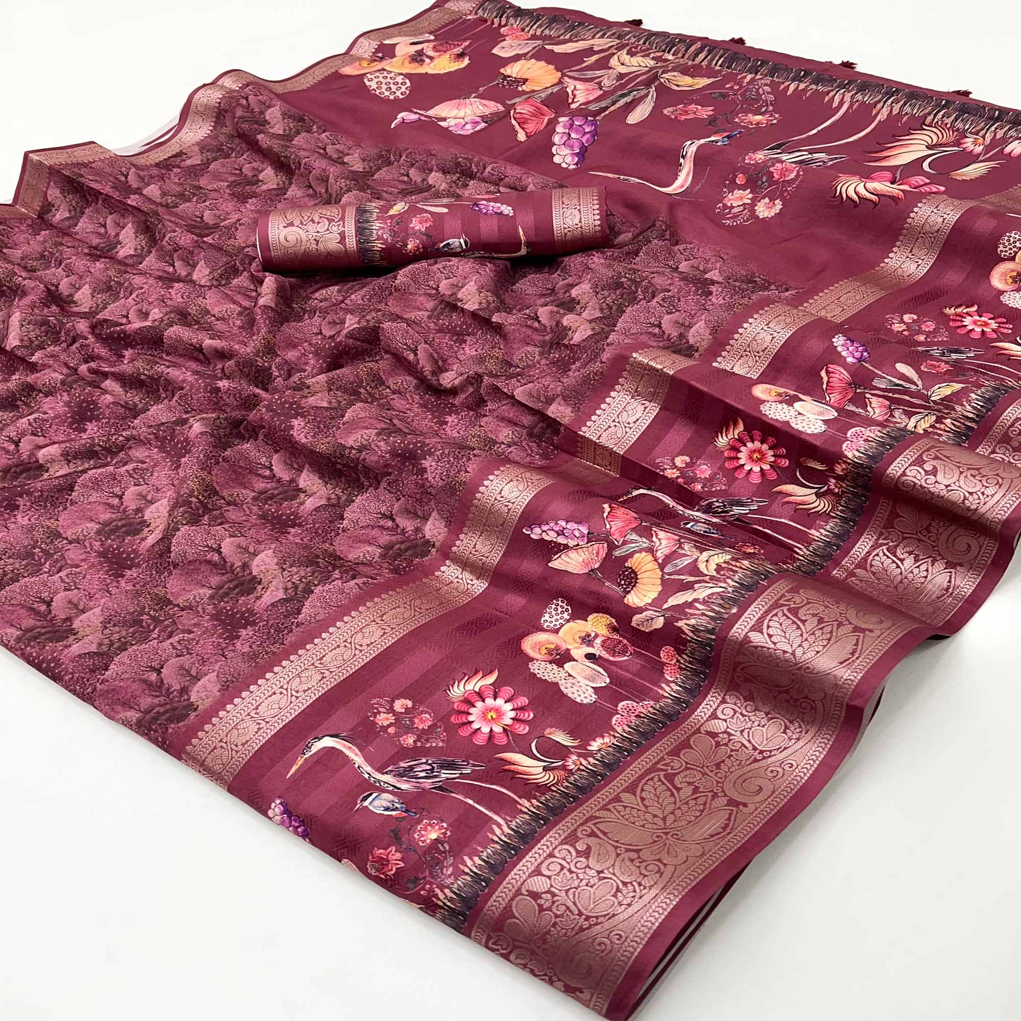 Maroon Digital Patterned Smooth Cotton Silken Drape Featuring Zari Border