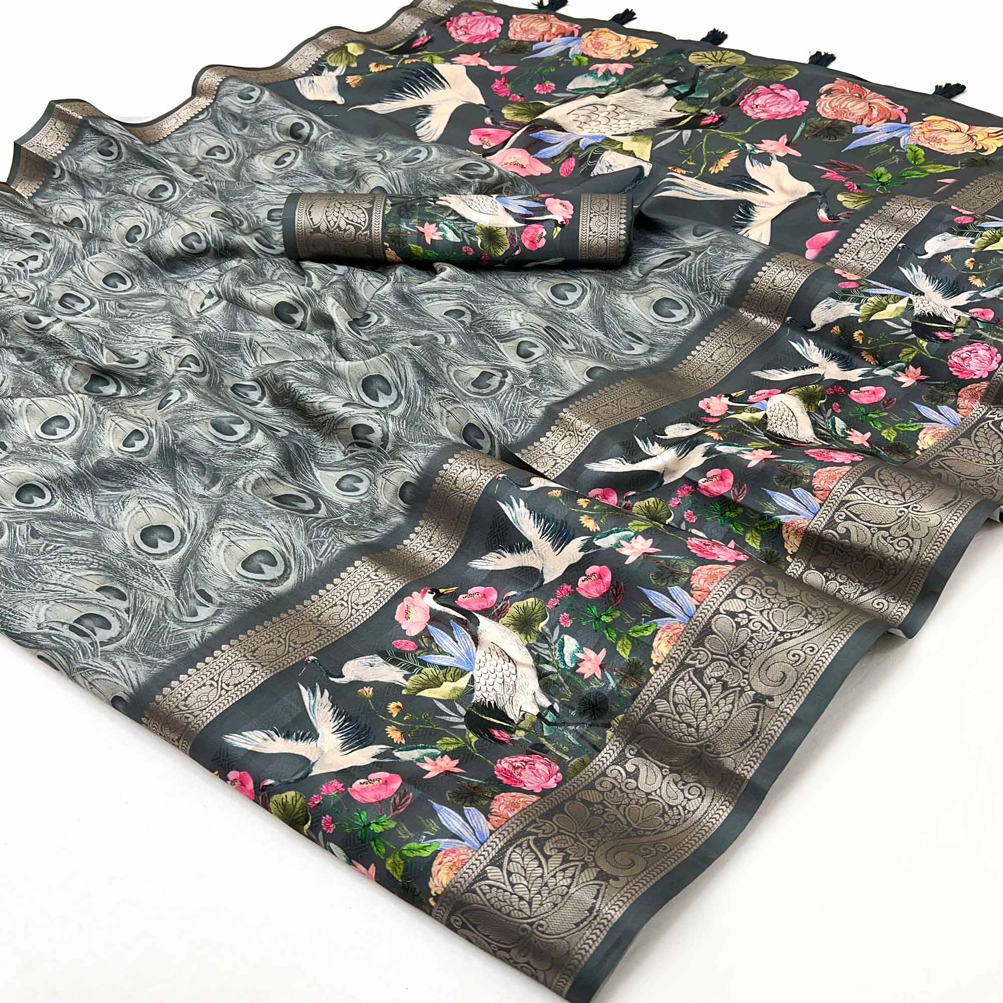 Grey Digital Patterned Smooth Cotton Silken Drape Featuring Zari Border
