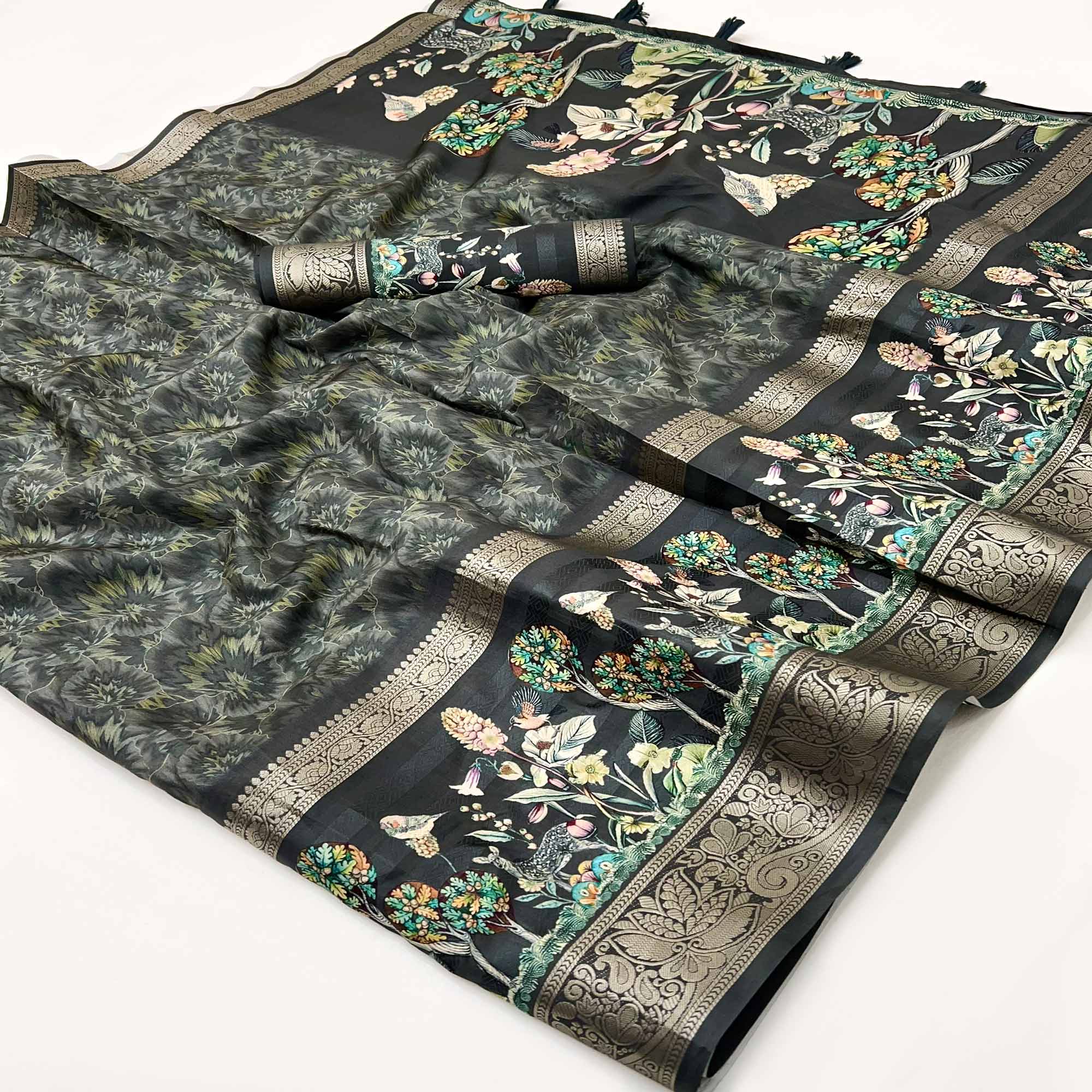 Black Digital Patterned Smooth Cotton Silken Drape Featuring Zari Border