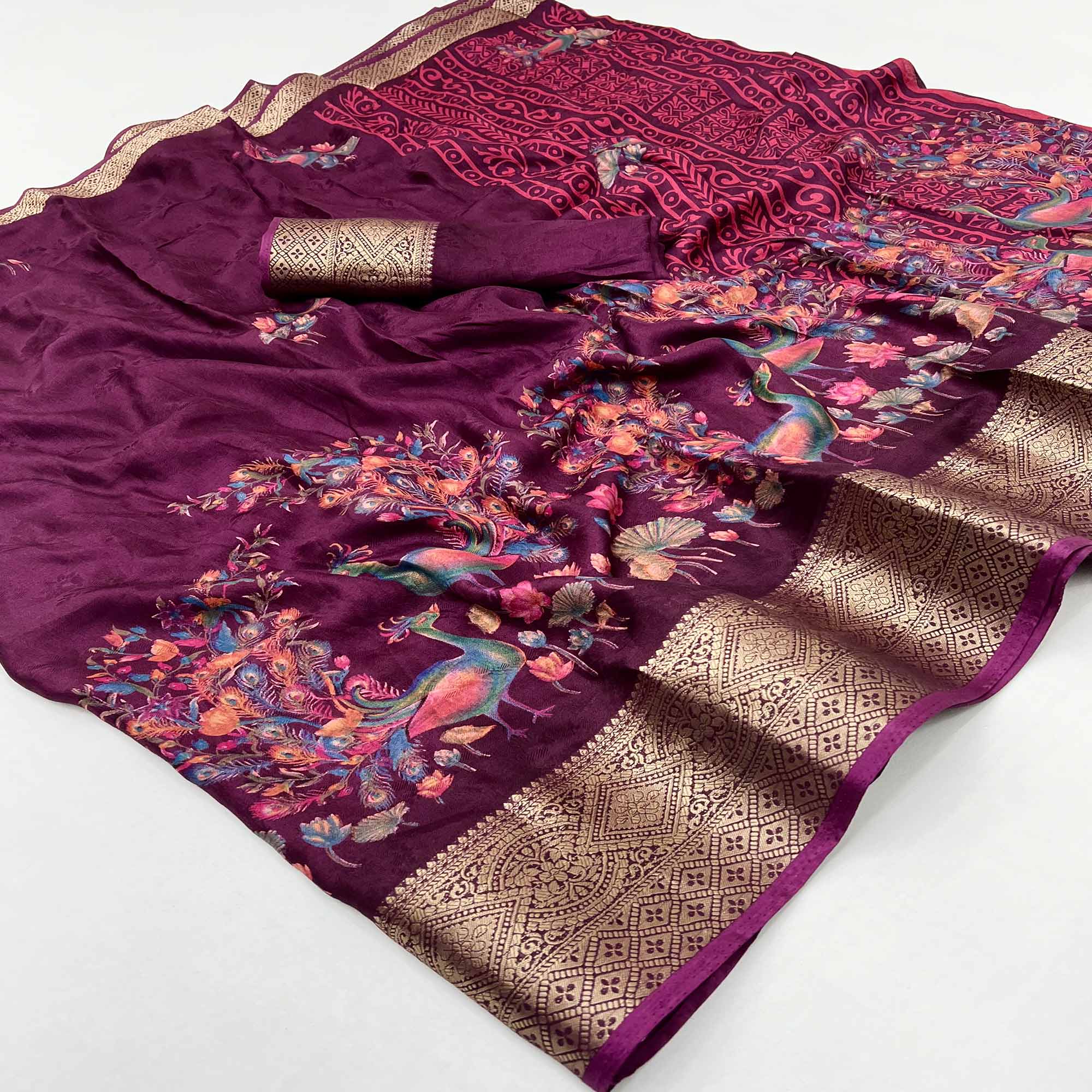 Plum Purple Peacock Patterned Smooth Georgette Drape Featuring Zari Border