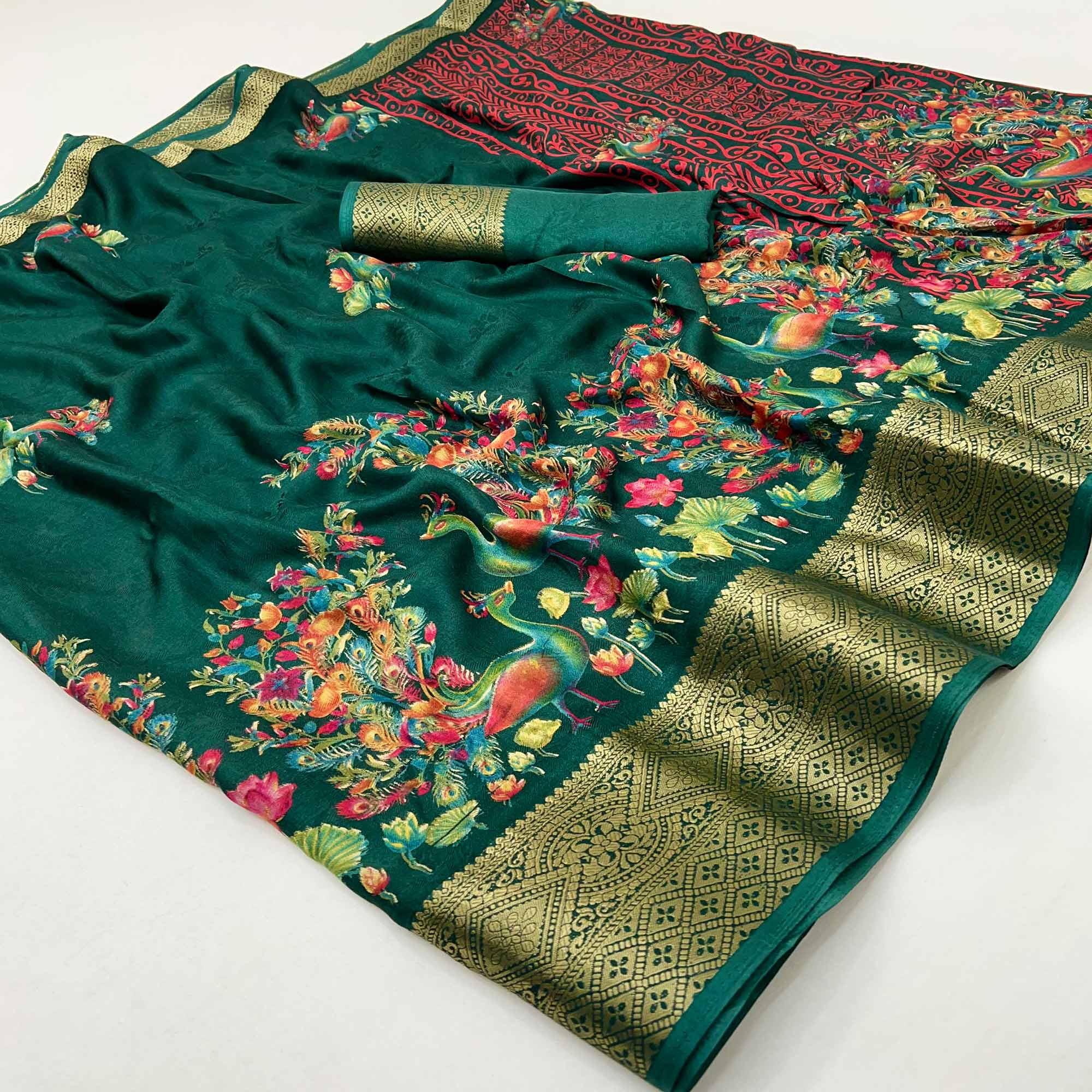 Green Peacock Patterned Smooth Georgette Drape Featuring Zari Border