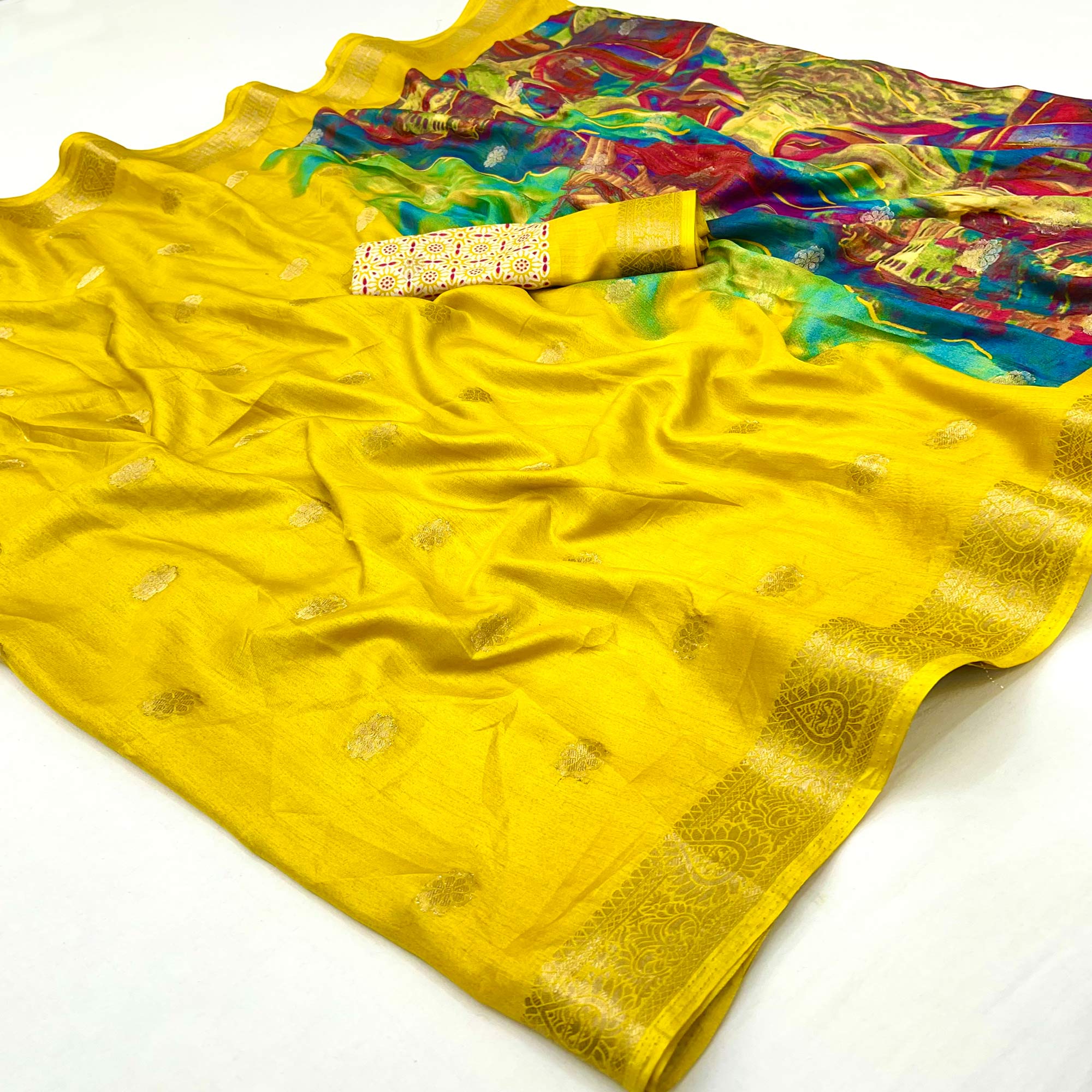 Soft Dola Silk Saree in Yellow Glows with Intricate Floral Butti Weaving