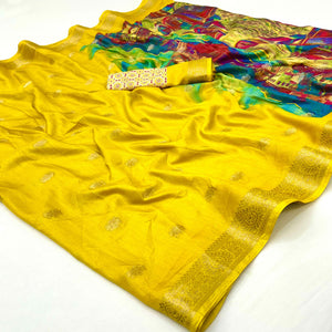 Soft Dola Silk Saree in Yellow Glows with Intricate Floral Butti Weaving