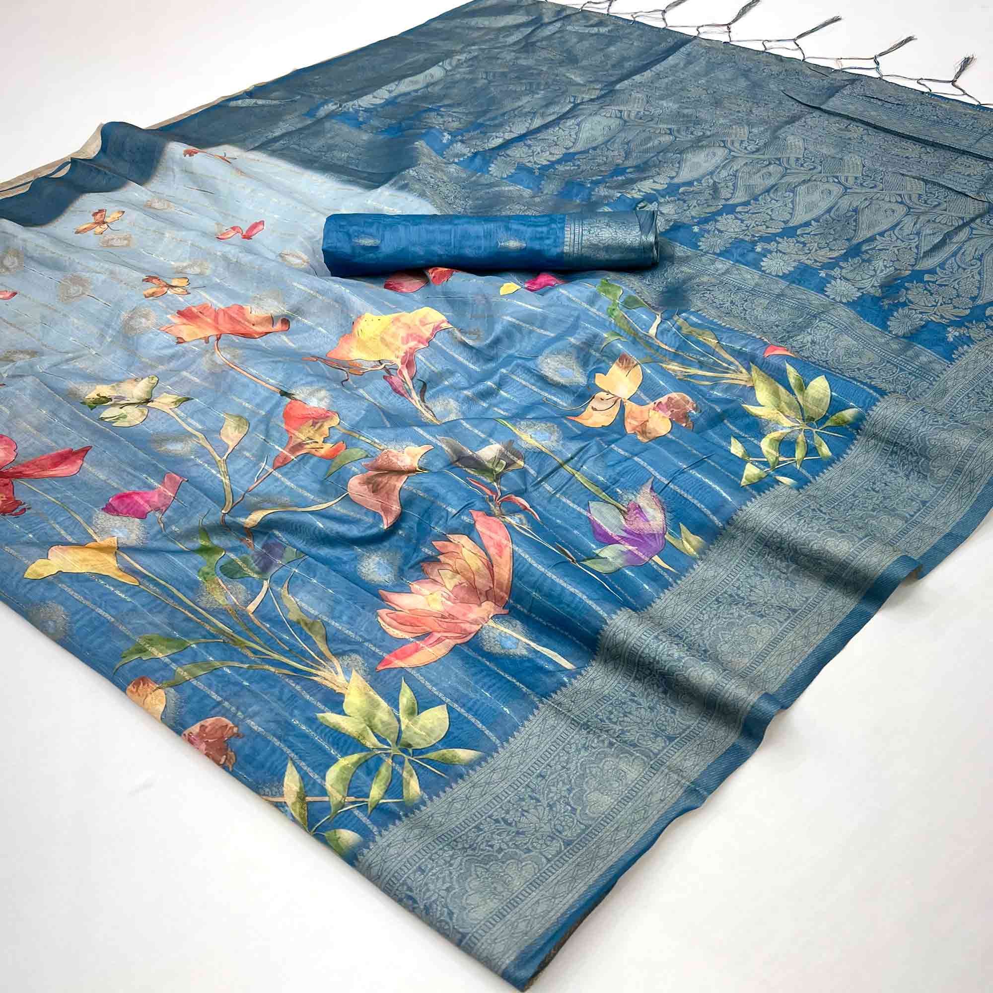 Classic Blue Floral Weaving & Digital Print Silk Blend Saree Accented With Tassel Pallu