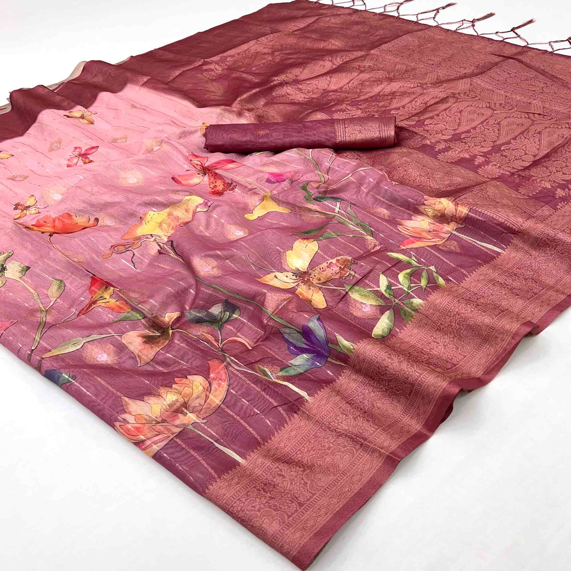 Classic Wine Floral Weaving & Digital Print Silk Blend Saree Accented With Tassel Pallu