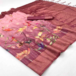 Classic Wine Floral Weaving & Digital Print Silk Blend Saree Accented With Tassel Pallu