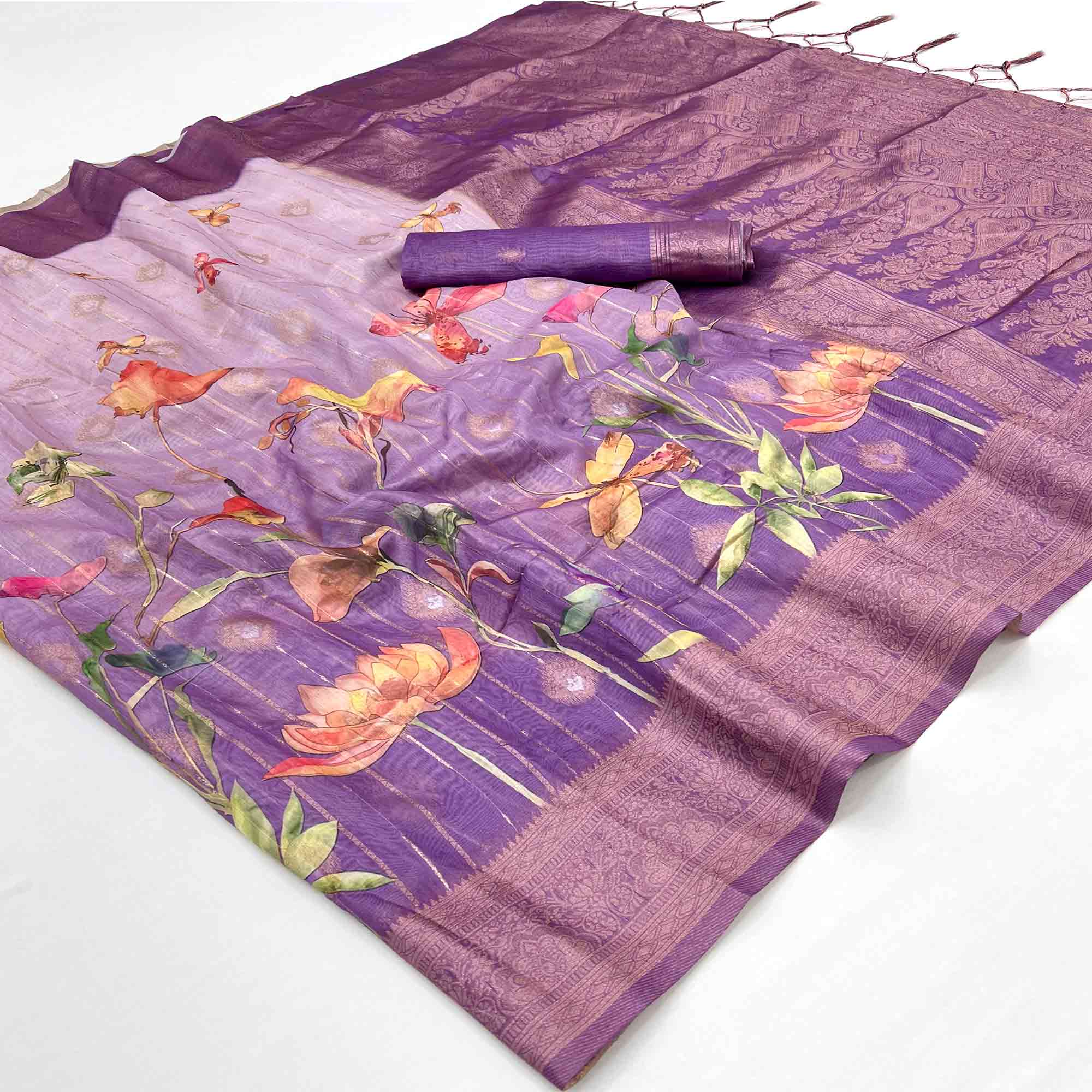 Classic Purple Floral Weaving & Digital Print Silk Blend Saree Accented With Tassel Pallu