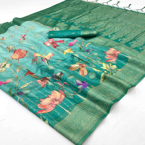 Classic Rama Green Floral Weaving & Digital Print Silk Blend Saree Accented With Tassel Pallu