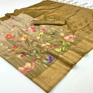 Classic Chikoo Floral Weaving & Digital Print Silk Blend Saree Accented With Tassel Pallu
