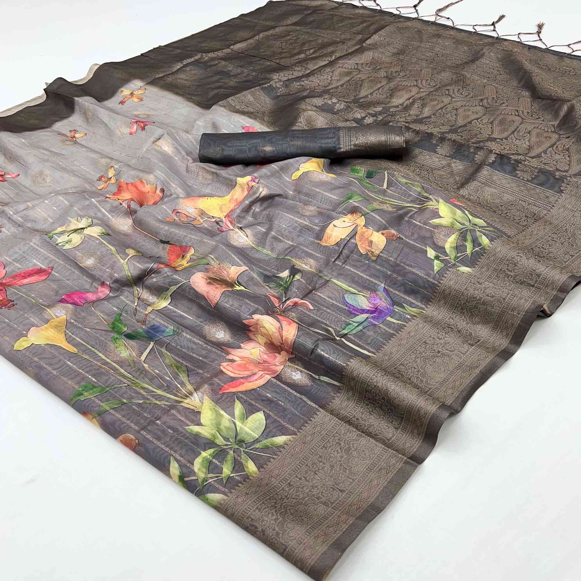 Classic Grey Floral Weaving & Digital Print Silk Blend Saree Accented With Tassel Pallu