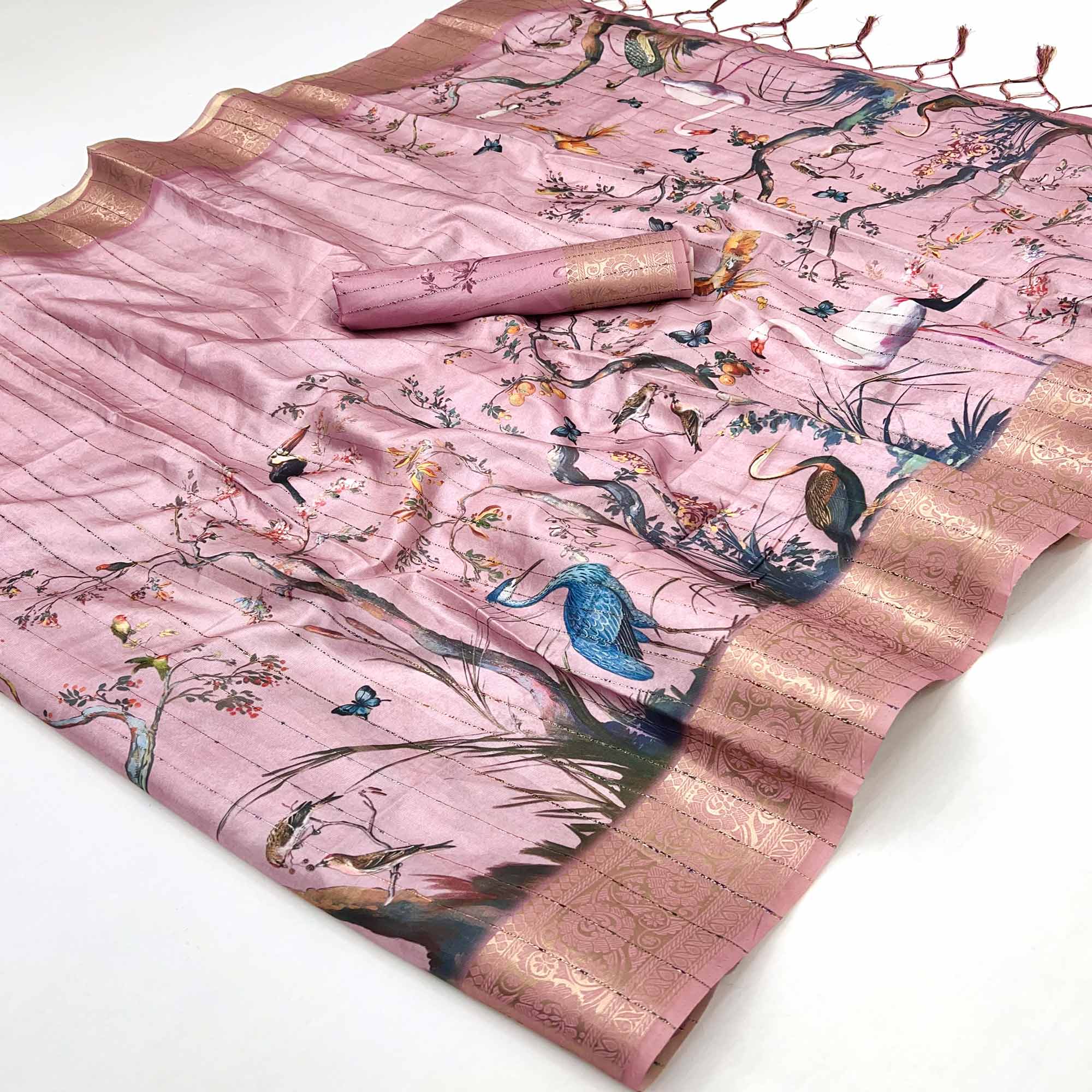 Majestic Pink Silk Blend Saree With Weaving Accents & Floral-Bird Digital Print Elegance