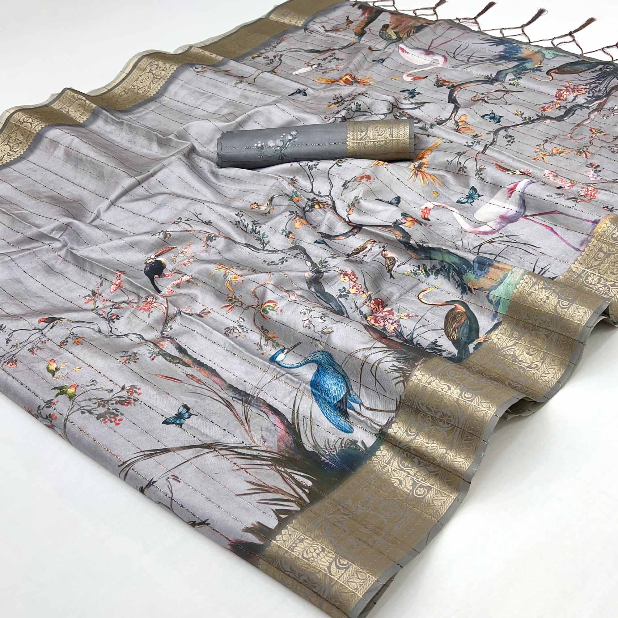 Majestic Grey Silk Blend Saree With Weaving Accents & Floral-Bird Digital Print Elegance