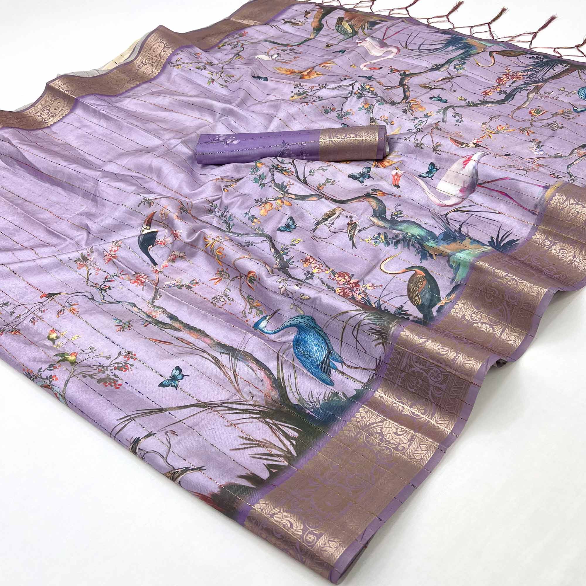 Majestic Lavender Silk Blend Saree With Weaving Accents & Floral-Bird Digital Print Elegance
