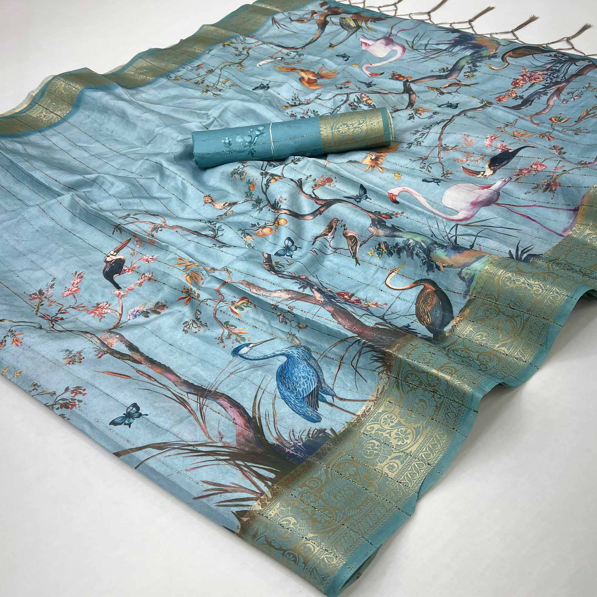 Majestic Blue Silk Blend Saree With Weaving Accents & Floral-Bird Digital Print Elegance