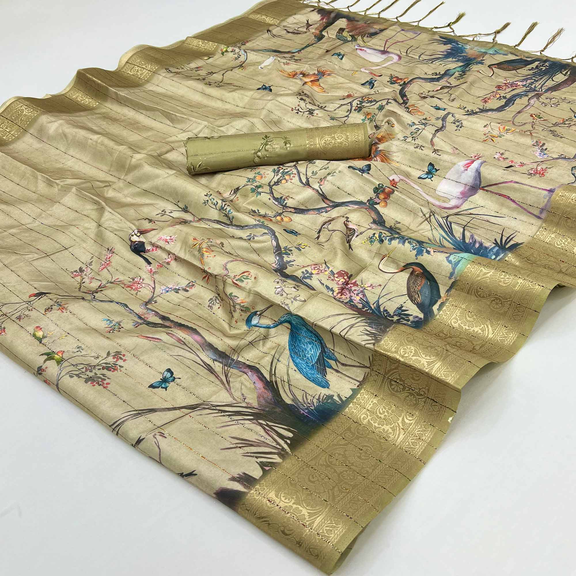 Majestic Chikoo Silk Blend Saree With Weaving Accents & Floral-Bird Digital Print Elegance