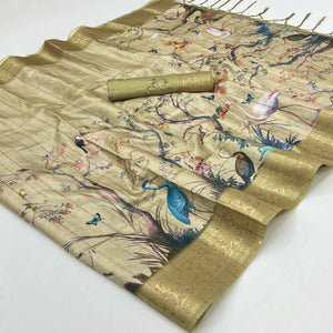 Majestic Chikoo Silk Blend Saree With Weaving Accents & Floral-Bird Digital Print Elegance