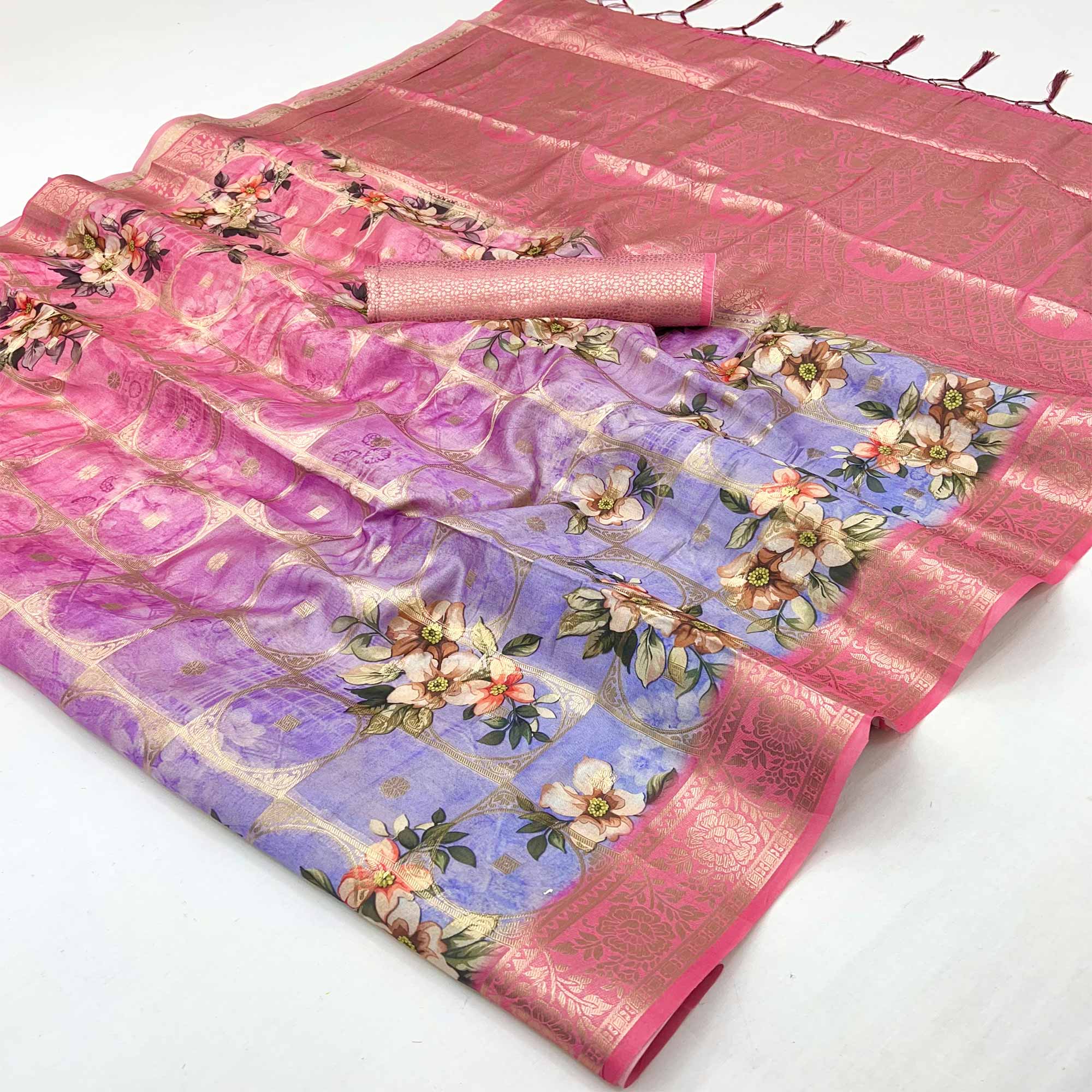 Charming Pink & Lavender Floral Zari Weaving Silk Blend Saree With Digital Printed