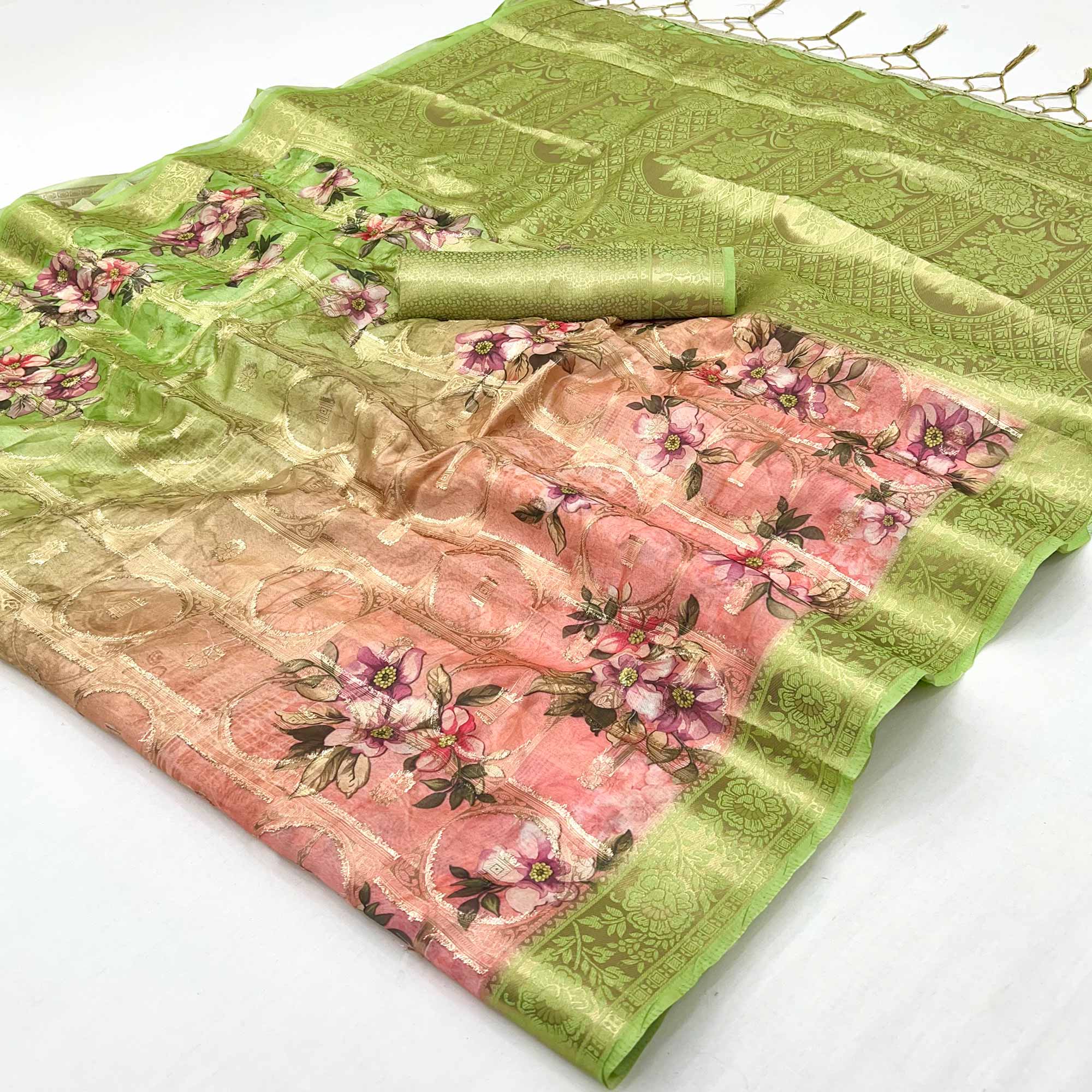 Charming Green & Pink Floral Zari Weaving Silk Blend Saree With Digital Printed