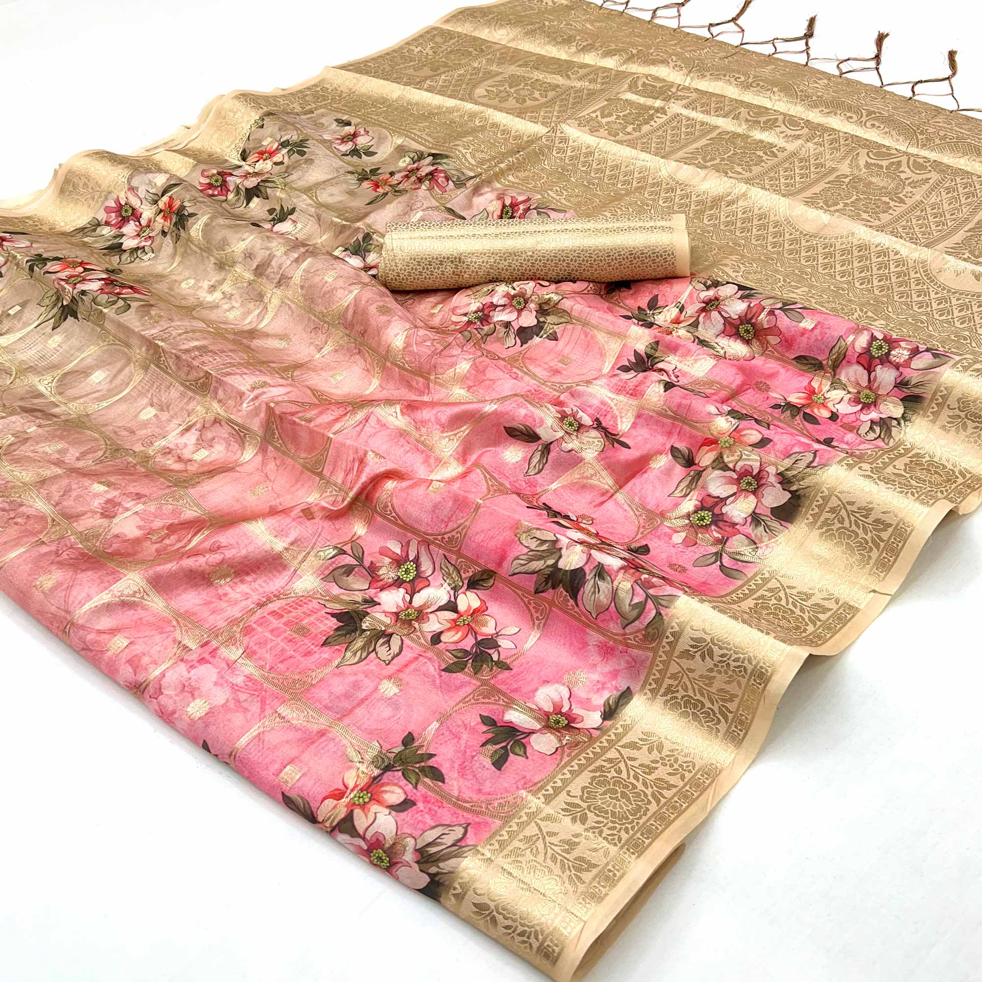 Charming Light Peach & Pink Floral Zari Weaving Silk Blend Saree With Digital Printed