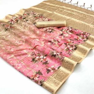 Charming Light Peach & Pink Floral Zari Weaving Silk Blend Saree With Digital Printed