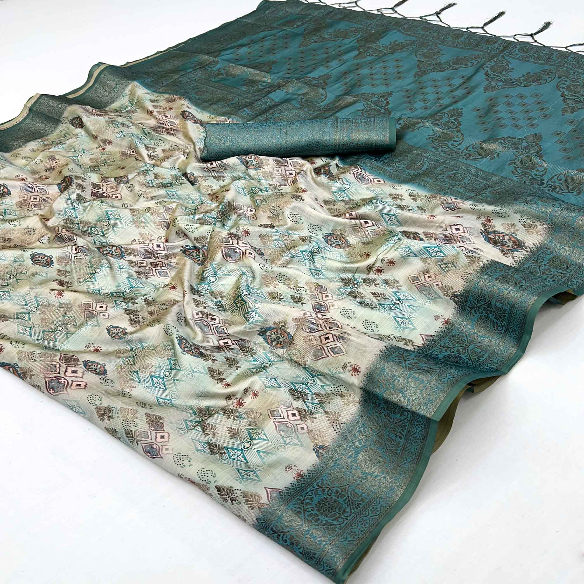 Stylish Teal Silk Blend Saree Featuring Floral Zari Weaving & Digital Print