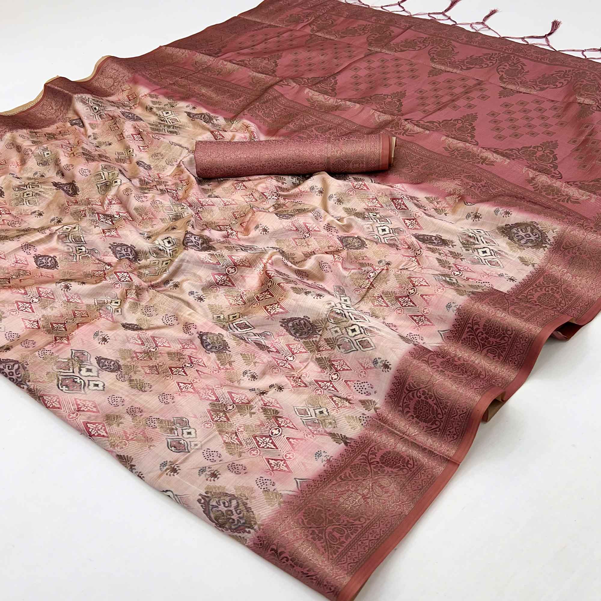 Stylish Dark Peach Silk Blend Saree Featuring Floral Zari Weaving & Digital Print