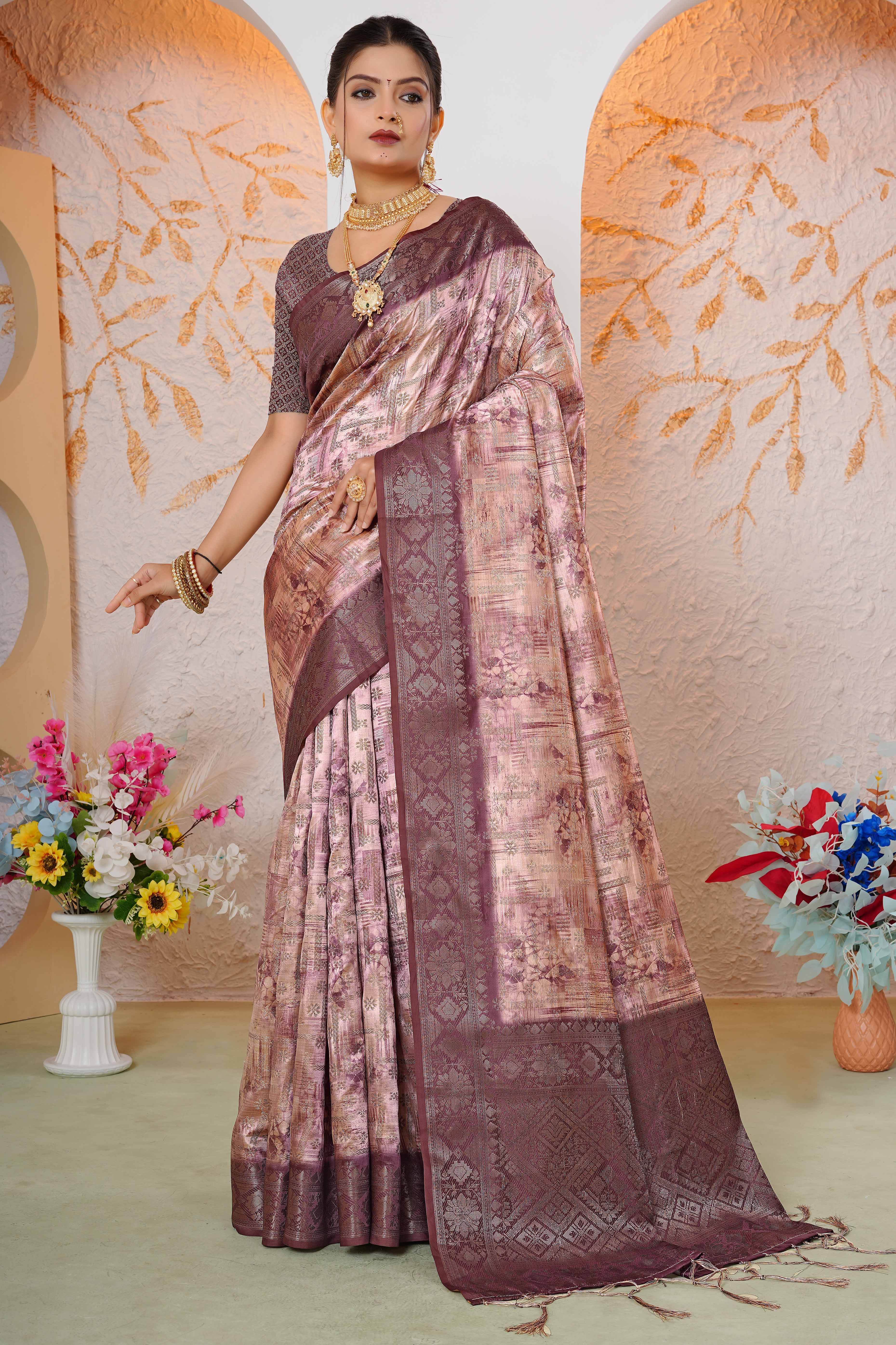 Premium Peach Woven & Digitally Printed Silk Saree with Stylish Tassel Pallu